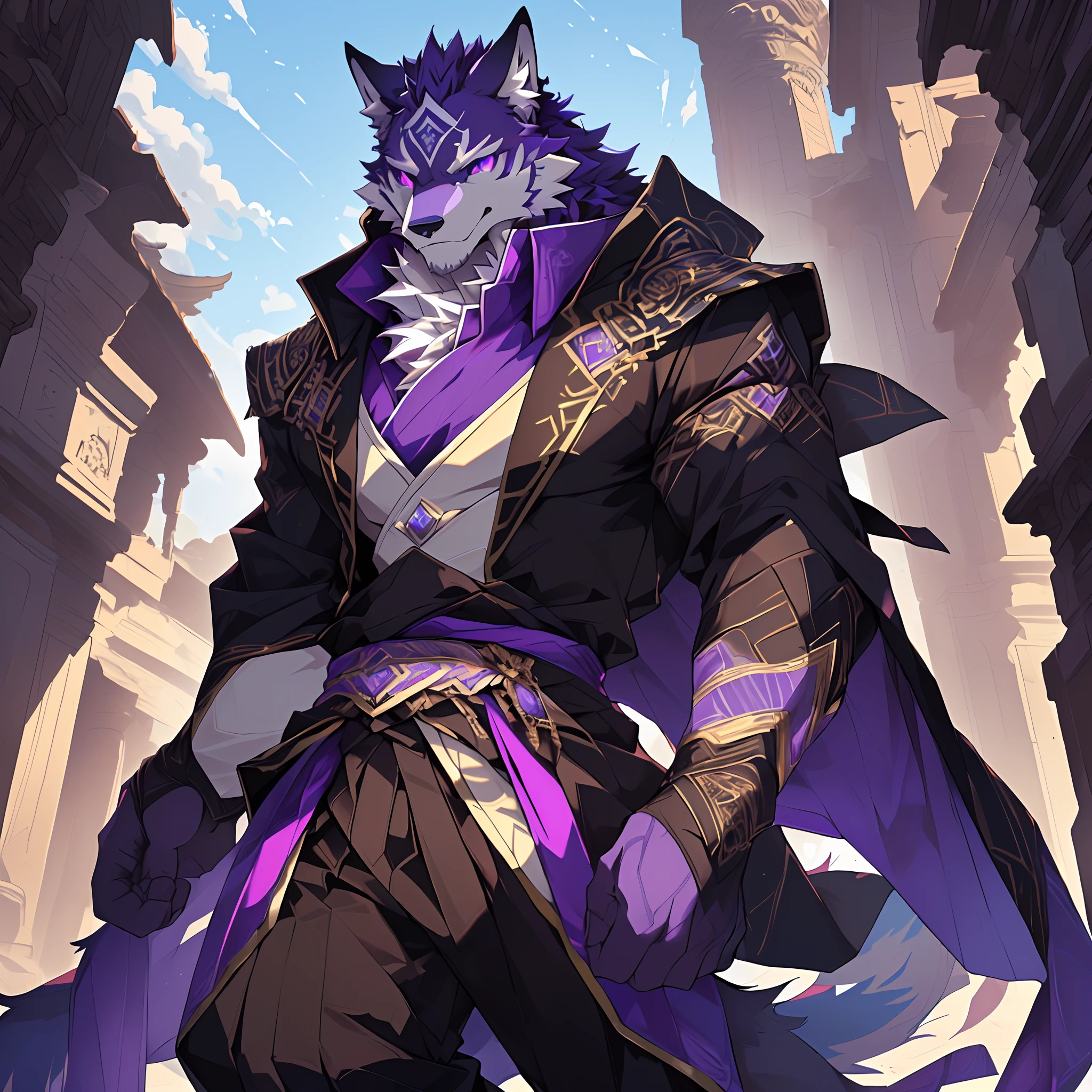 high resolution, Masterpiece, Best quality, Exquisite details, Anatomical consistency, Purple Wolf, Evil pink-purple eyes, Diamond-shaped silver pattern on the forehead, Handsome, About 25 years old, A bit lean, Arrogant eyes, Calm expression, Black trench coat in Assassin style, Purple shirt,Precise facial construction