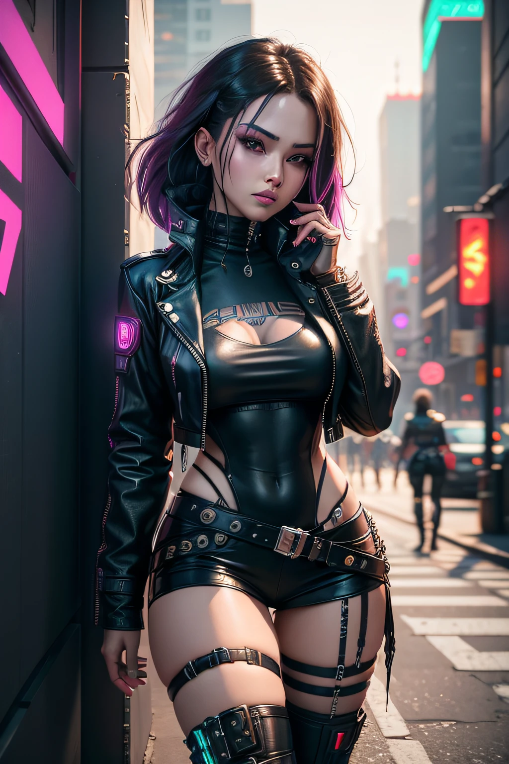 a close up of a woman in a leather jacket and boots, cyberpunk art inspired by rossdraws, trending on Artstation, graffiti, cyberpunk 2 0 y. o model girl, cyberpunk girl, cyberpunk beautiful girl, cyberpunk art style, female cyberpunk anime girl, cyberpunk themed art, cyberpunk anime girl, in cyberpunk style, beautiful cyberpunk woman model, the cyberpunk girl portrait