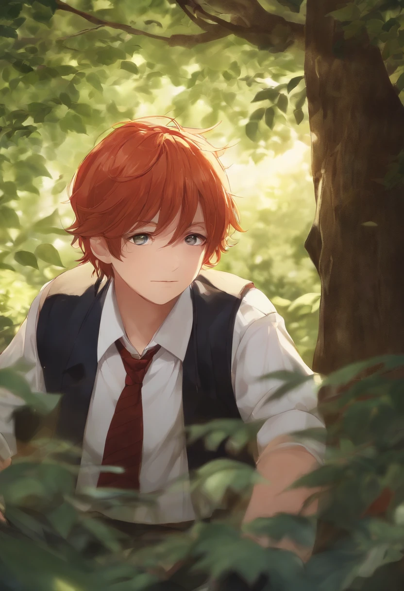 (masutepiece:1.2, Best Quality), forest, male child, Boy, redhair, School uniform, Thinking