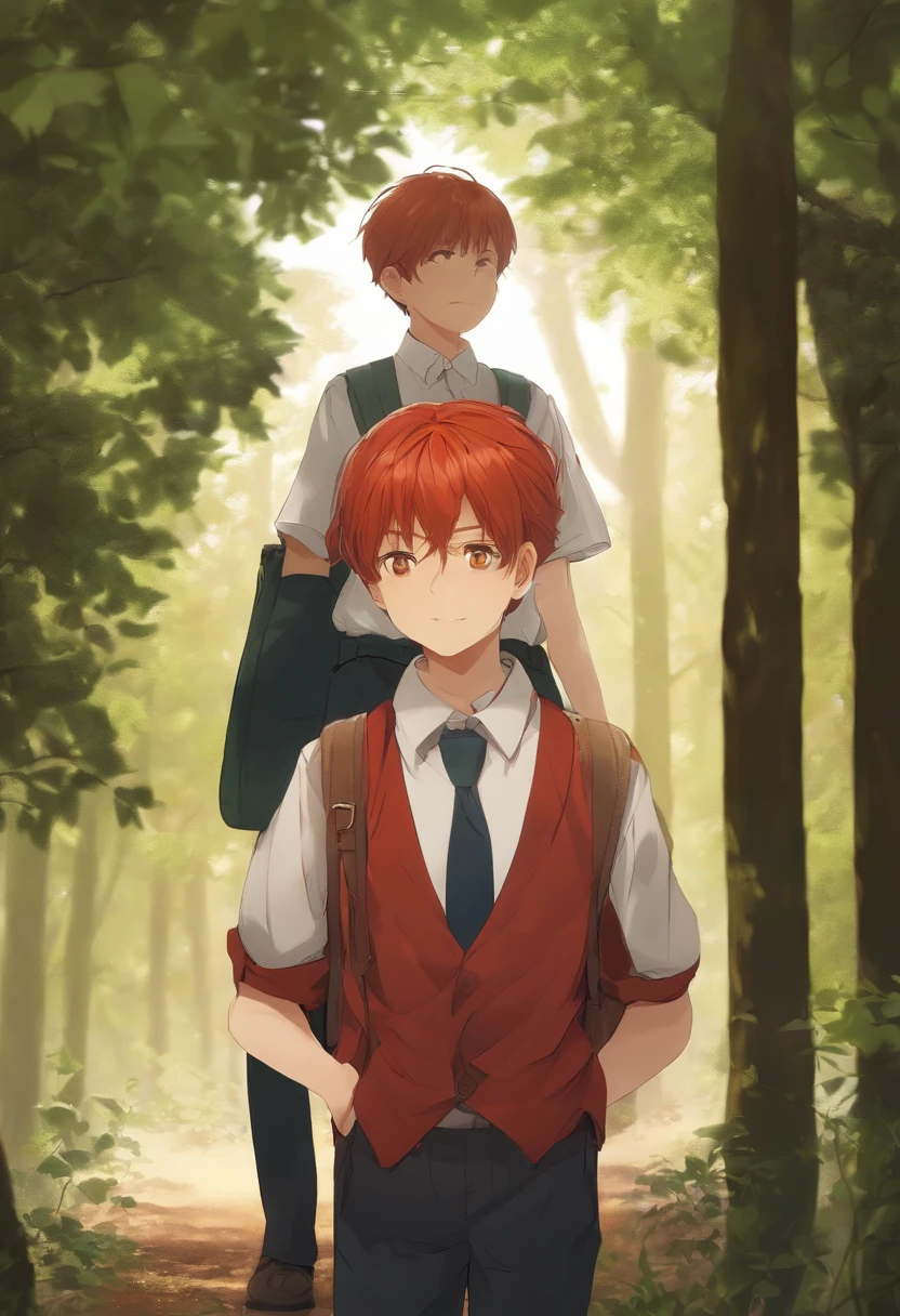 (masutepiece:1.2, Best Quality), forest, male , Boy, redhair, School uniform, Thinking