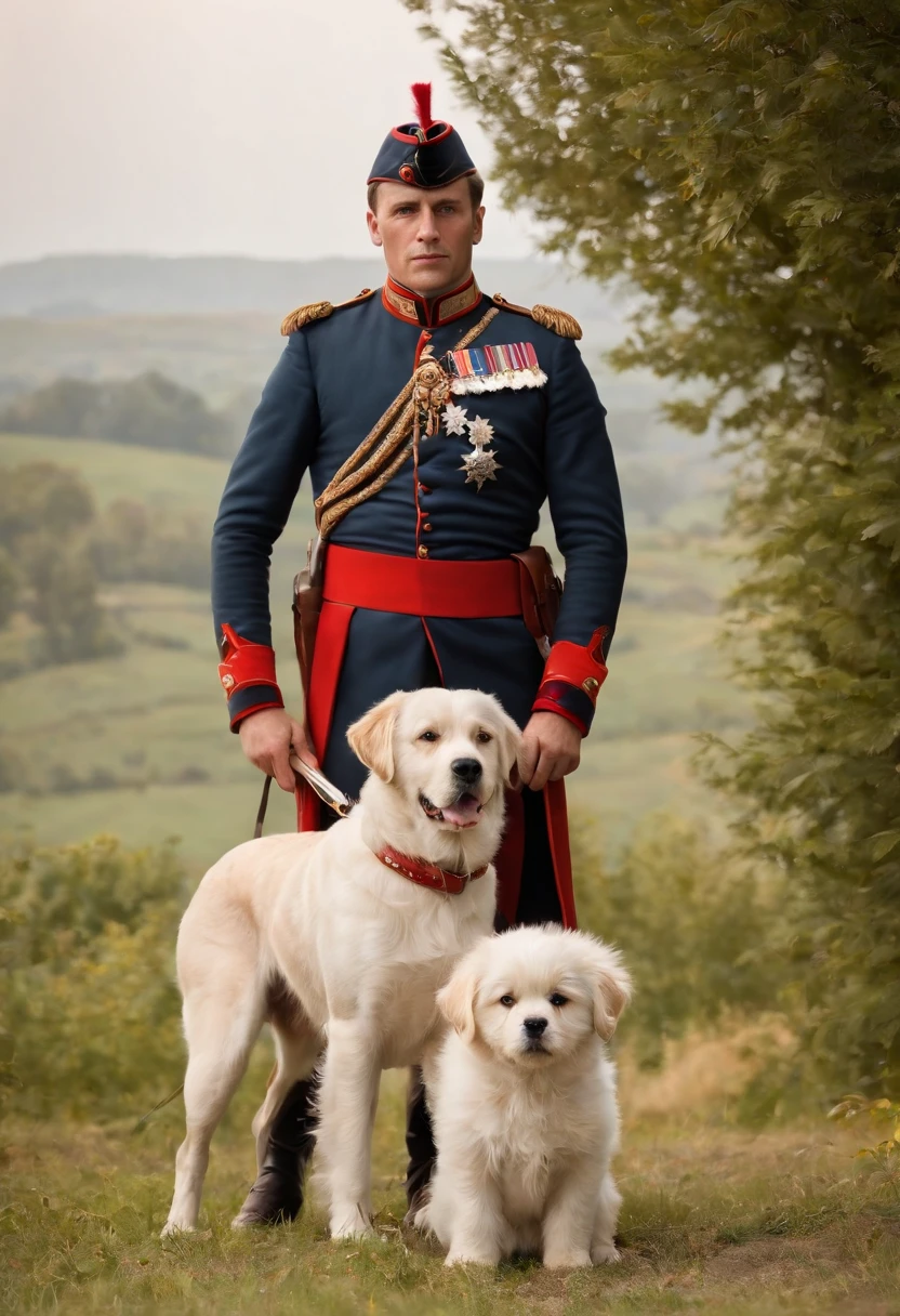 Napoleon Bonaparte in his eighteenth-century French military uniform and his dog, Newfoundland breed black in color, at the end of the 18th century,oil painting,retrato distinto,detalhes finos,vivid colors,soft lighting,Ornamentos ricos,Beautiful landscapes,figura imponente,traje real,confident expression,elaborado uniforme militar,comportamento orgulhoso,jardim expansivo,fonte ornamentada,Arquitetura majestosa,detailed facial features,maxilar forte,olhar intenso,commanding presence,Stańczyk Painting Style,Historic works of art,luscious greenery,Impeccable brushstrokes,realismo exacerbado,natural lighting,Flawless composition,atmosfera romantizada,historical accuracy,sombreamento sutil,paleta de cores complexa,companheiro canino impressionante,Loyal and stoic dog,olhos grandes e expressivos,Massive construction,casaco preto brilhante,landing page:1.2,dynamic brushstroke,Shadows Dramatic,heroic pose,fundo nobre,coroa distintiva,nuvens wispy,charme antigo,Atmosfera Real,Cena emocionalmente carregada.