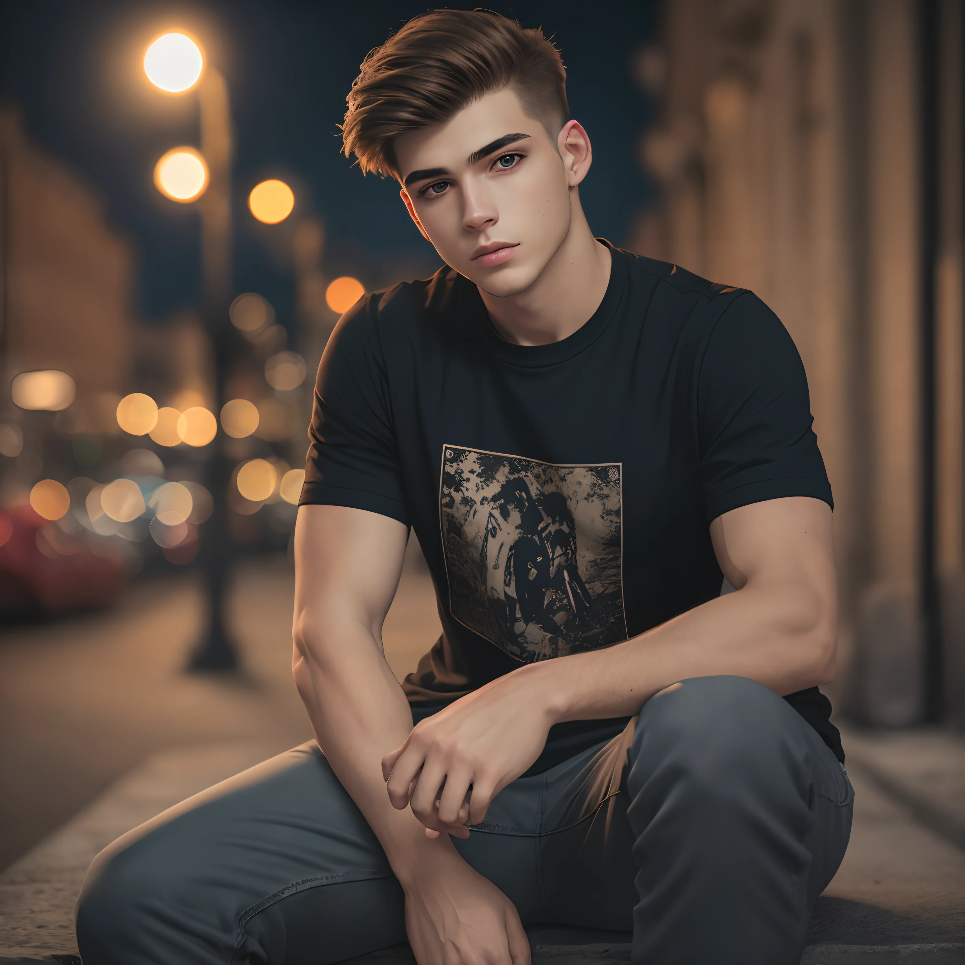 Photo model young man with black t-shirt, sitting, fashion, soft lighting, vibrant colors, masterpiece, ((streets)), night, detailed face