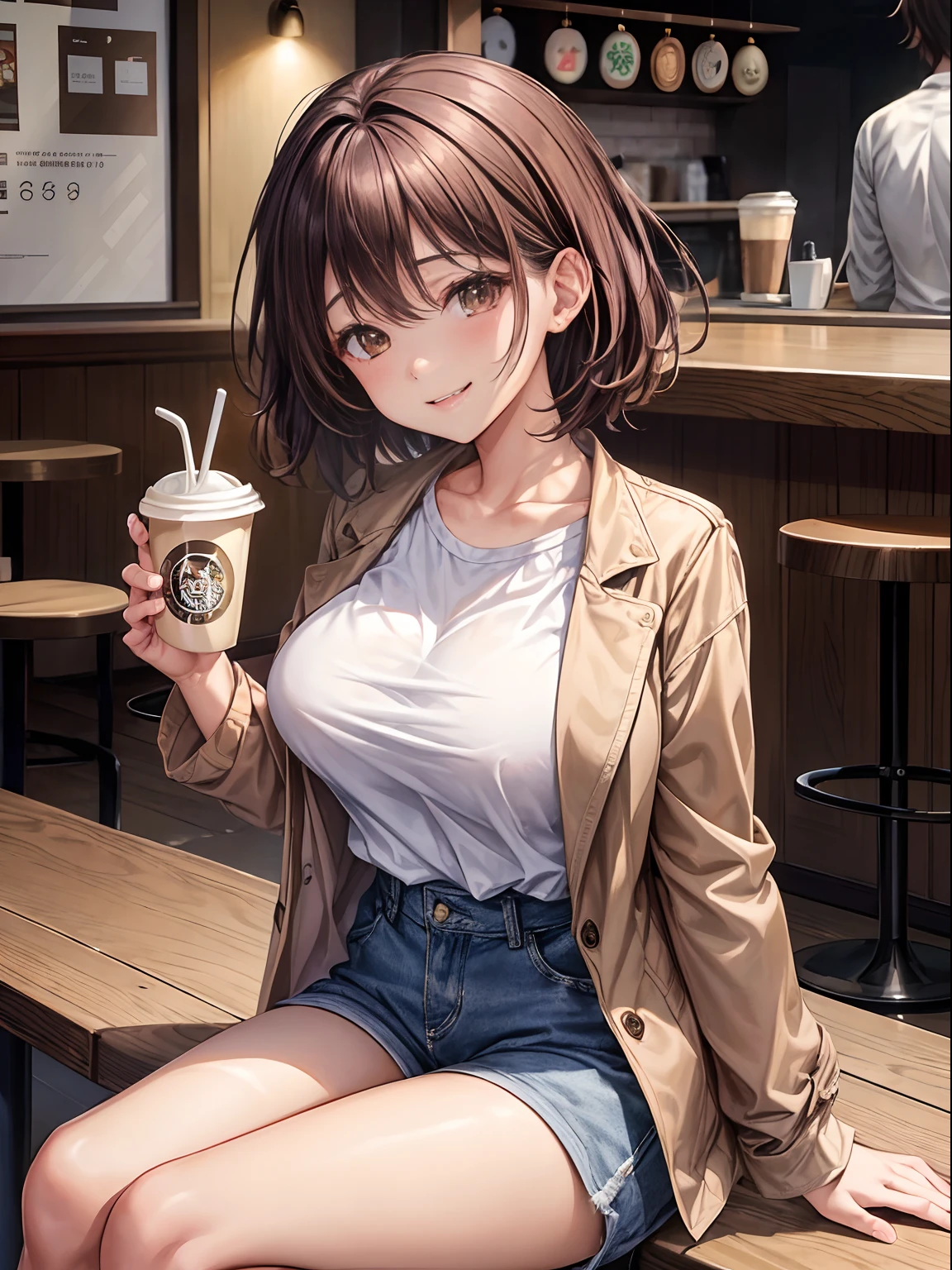 top-quality、Full limbs、complete fingers、1girl in、((one beautiful women、独奏))、Beautiful Large Breasts、Medium hair、Straight black hair、Brown jacket、White shirt、shortpants、Brown pantyhose、Naughty Poses、A big smile、cafes、Starbucks Coffee、sitting cross-legs