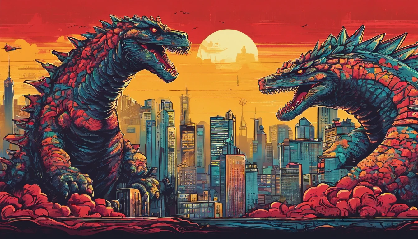 old photo。Soviet Army vs. Godzilla。landscapes。high-level image quality。