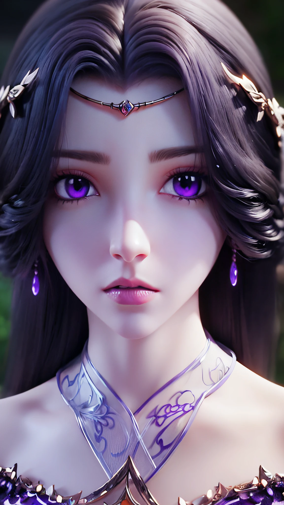 A beautiful and sexy 20 year old girl, Very sexy girl in thin strapless purple pajamas, Purple silk dressing gown,Sexy lace trim, Long purple hair and bangs, and jewels. Thinnest、The most beautiful hair, ((Wear a purple lace necklace: 1.6)), Super cute little face, very pretty look face, Sparse eyebrows, beautiful and flawless face, (black eye pupil: 0.8)), verybeautifuleyes, ((Purple eyes:1.4)), Beautiful makeup and fine eyelashes, High nose, Earrings, Red lips, ((Closed mouth:1;5 )) Beautiful lips, Slim arms, The most beautiful thighs, ((2 arms spread out to the sides: 1.5)), Rosy face, Clean face, flawless and beautiful face, Smooth white skin, (Big chest: 1.5)), ((Protruding breasts: 1.5)), Plump breasts, The beautiful, ((Large, Round breasts: 1.8)), ((Ultra-tight breasts: 1.5)), Beautiful breasts, 2 hands behind your back, The upper body of a beautiful girl, 8k photograph, Super high quality, Super realistic, 10x Super Pixel, Realphotos, Dark Studio, Light border, Two-tone light color, (High detail skin: 1.2), Super 8K, Soft light, High quality, volumettic light, Realistic, Photo, high resolution, Light, best photos, 4K, 8K quality, blurry effect, Smooth and sharp, 10 x pixels, (milky ways: 1.7) ), extreme light, Lightning, Surreal graphics, The most realistic graphics, Alone, Solo, Extremely sharp, surreal image, (((Frontal portrait :1.2) ))."