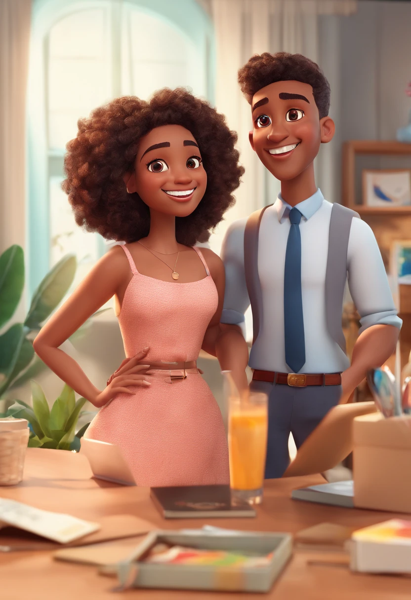 An illustration of an adorable couple, Highlight for a chubby mulatto man with glasses smiling and a brunette woman with beautiful expressive eyes - the man's skin is mulatto and the man's hair haswhile the woman's skin is black and the woman's hair is straight and brown. They are a bright room, cada um com um sorriso no rosto, e compartilhar um momento especial caracterizado pelo amor, Insights. Illustrate this scene from a perspective where they are facing the camera, Smiling and Showing Your Connection. Desenvolva esta arte em Full HD, Focus on your cinematic touch, Estilo Disney Pixar Animations
