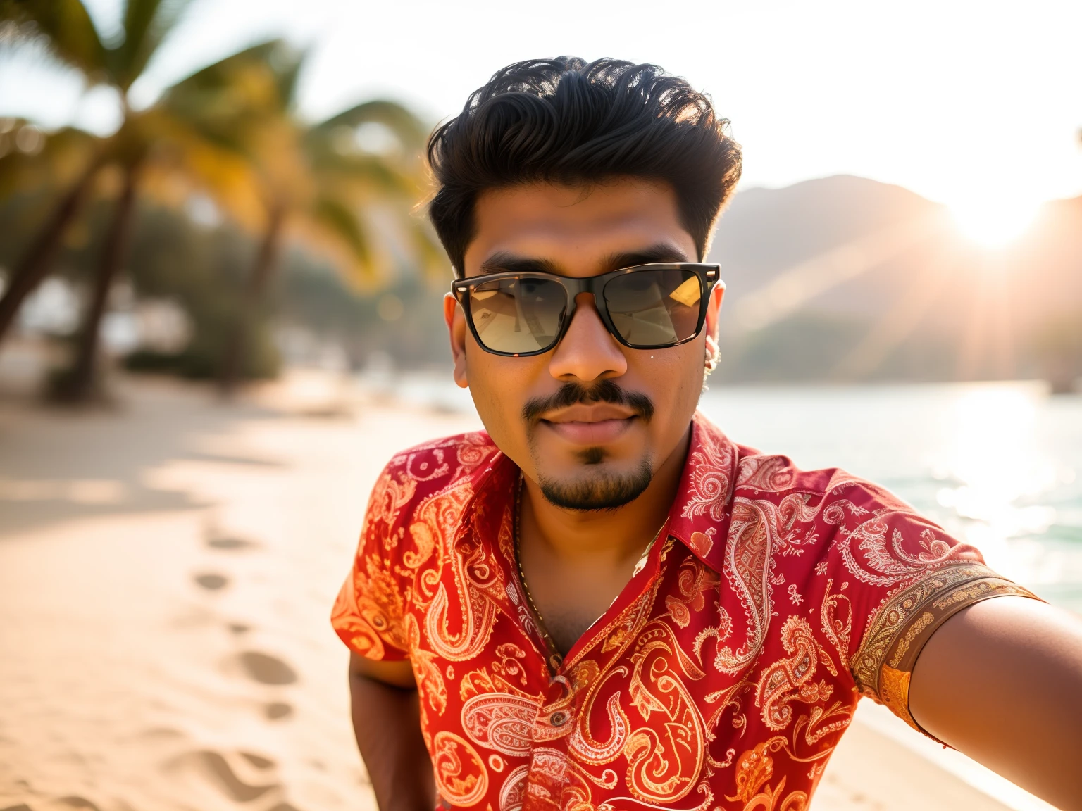 there is a man with sunglasses and a paisley shirt posing for a picture, with sunglass, with accurate face, 8k selfie photograph, shot on nikon z9, taken with sony alpha 9, selfie photo, taken with sony a7r camera, jayison devadas style, jayison devadas, photo taken with sony a7r camera, portrait mode photo age 20