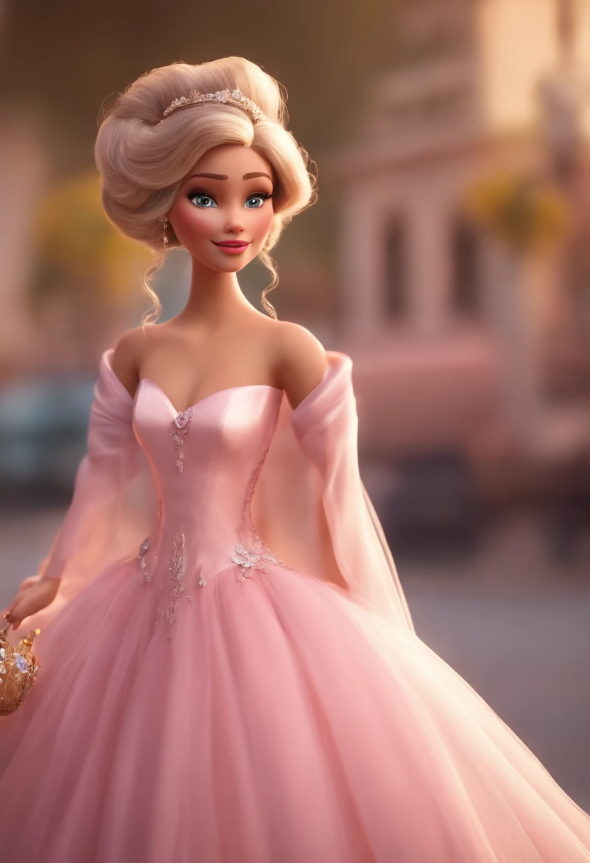 Menina loirinha com cabelos cacheados vestindo um vestido rosa e olhos puxados , fundo branco, barnet, Tom, Estilo Pixar, ....3d, desenhos animados, rosto detalhado, asymmetrical 16k