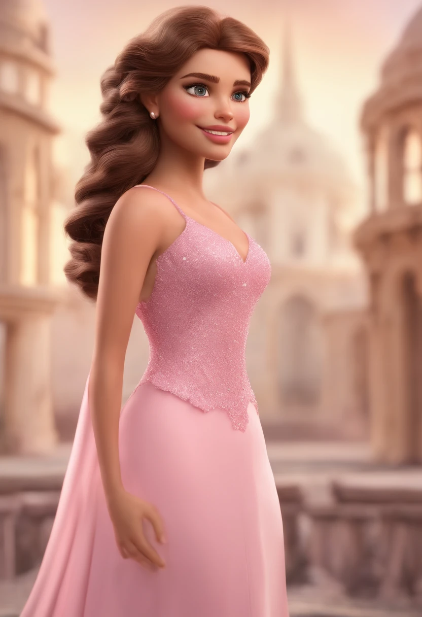 loirinha com cabelos cacheados vestindo um vestido rosa e olhos puxados , fundo branco, barnet, Tom, Estilo Pixar, ....3d, desenhos animados, rosto detalhado, asymmetrical 16k