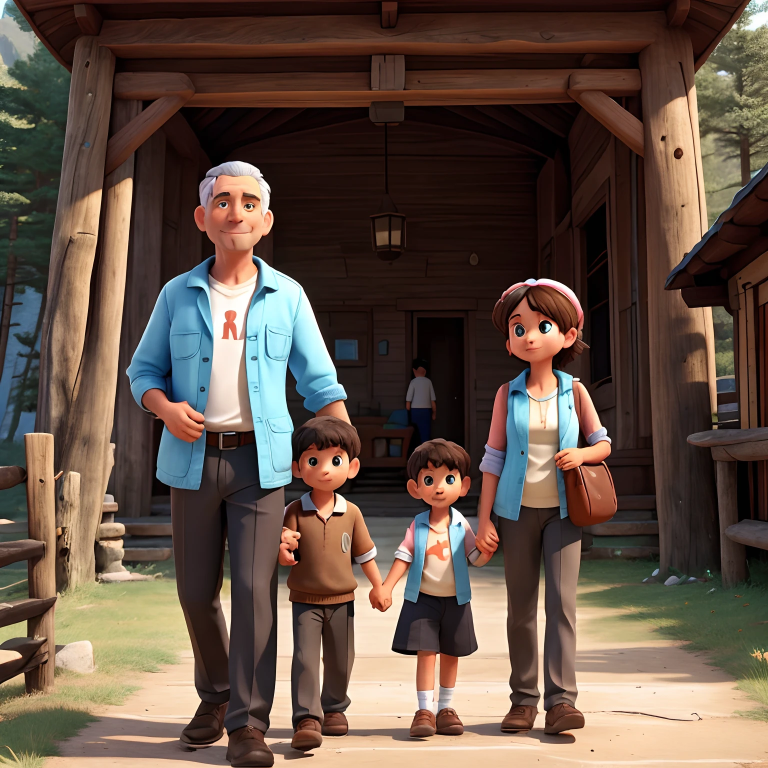 a father and mother accompanied by two children, a boy and a girl, who were in the beautiful mountains