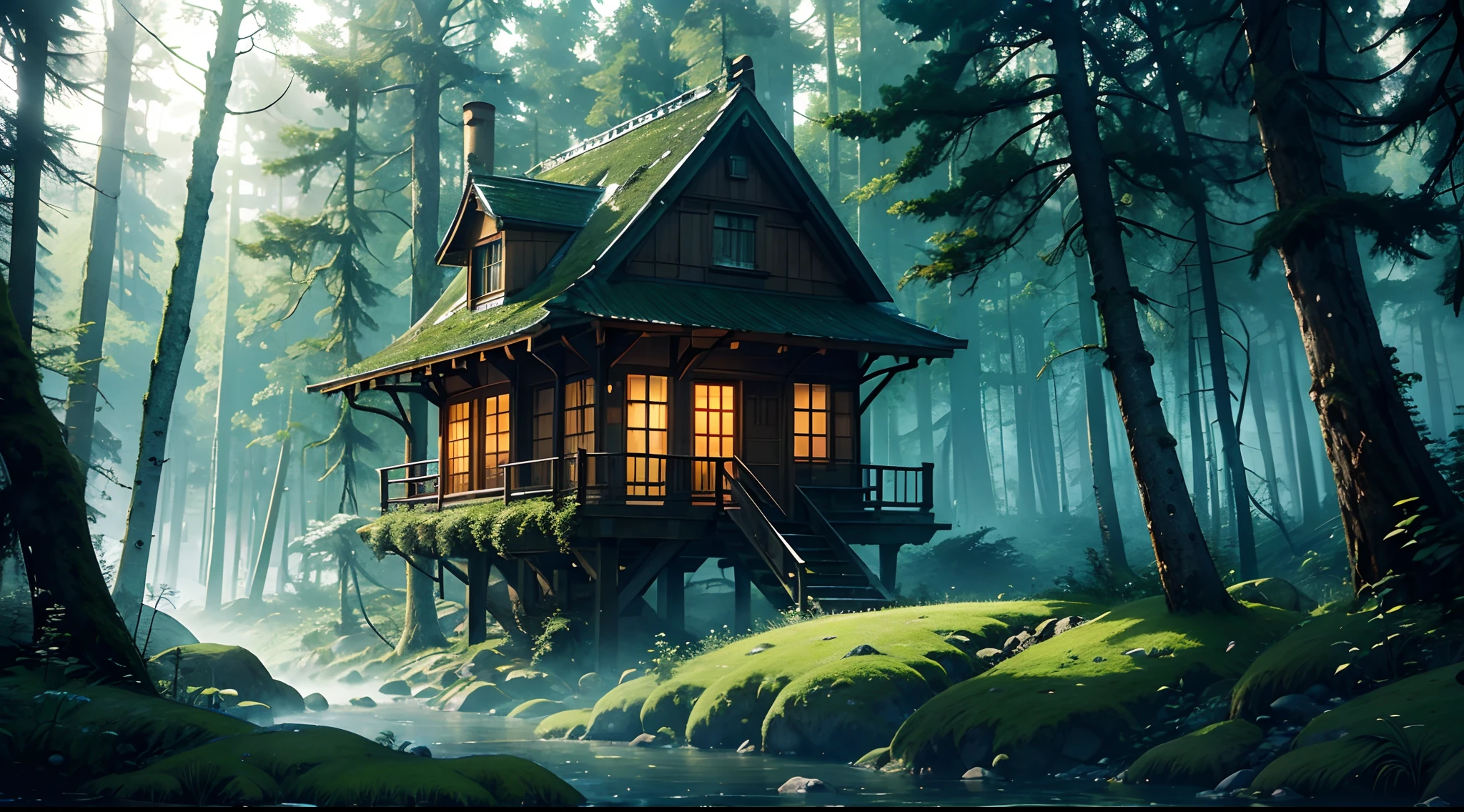 (mont、(In the deep forest、mosses)、foggy、disturbing atmosphere)、Tree House