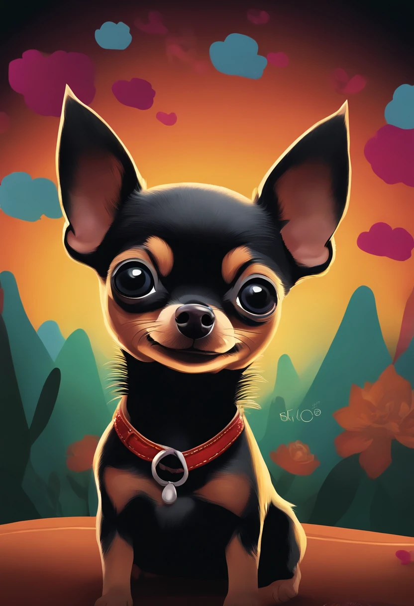 Create a poster inspired by Disney Pixar movies, including a black and tiny chihuahua. The poster is titled 'BRI”.Digital art should be in the Pixar style, reminiscent of an animated feature.