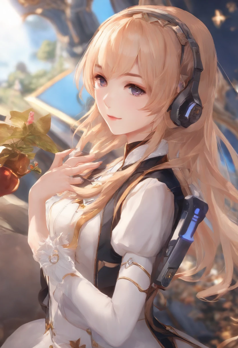 Close-up portrait of a person holding a mobile phone with a video game in it, Ayaka Genshin Impact, ayaka game genshin impact, atelier lulua, 8K!!, hololive, ❤🔥🍄🌪, macross delta, Rin, advertisement picture, from arknights, from the azur lane videogame, sakimichan