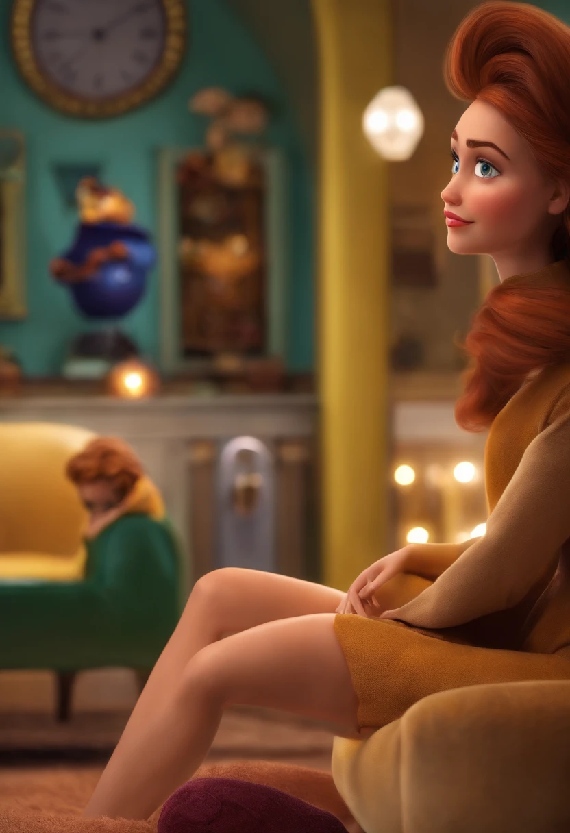 Imagem estilo Pixar com 3D personagem olhos castanhos, mulher cabelo cacheado volumoso longo, labios grossos, Maquiagem Disney, bonitinha, sorridente ,Close-up, Pixar, Disney, Cinema lighting,