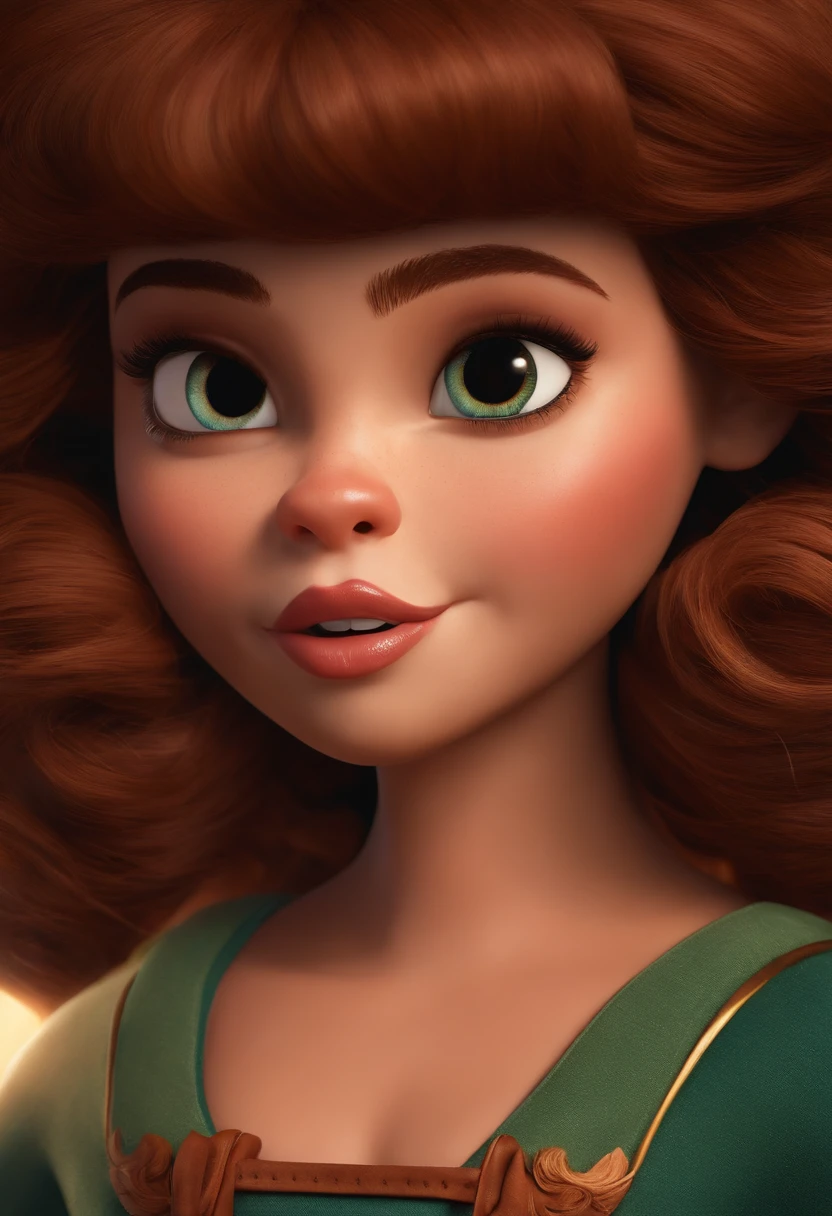 Imagem estilo Pixar com 3D personagem olhos castanhos, mulher cabelo cacheado volumoso longo, labios grossos, Maquiagem Disney, bonitinha, sorridente ,Close-up, Pixar, Disney, Cinema lighting,