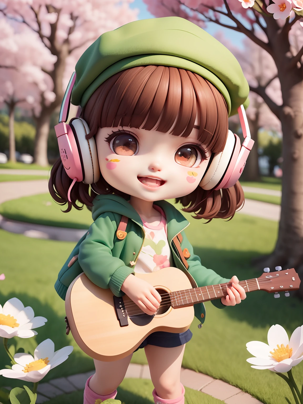 (masterpiece),(best quality),(ultra-detailed), (full body:1.2),
1girl,chibi,cute, smile, open mouth,
flower, outdoors, playing guitar, music, beret, holding guitar, jacket, blush, tree, :3, shirt, short hair, cherry blossoms, green headwear, blurry, brown hair, blush stickers, long sleeves, bangs, headphones, black hair, pink flower,
(beautiful detailed face), (beautiful detailed eyes),