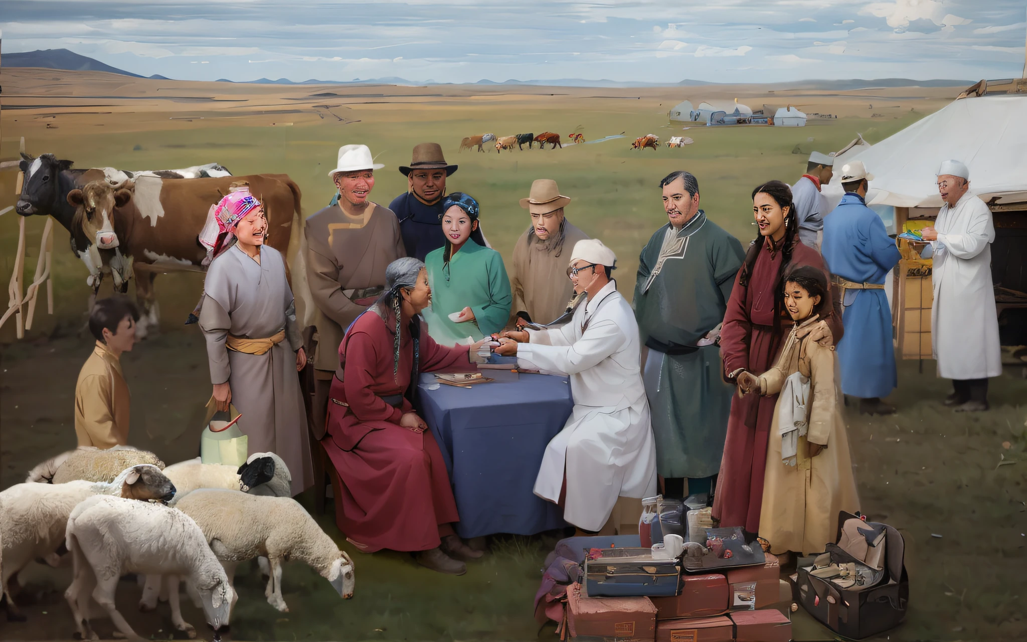 There were a lot of people standing around a table with the sheep, kent monkman, Mongolia, ancient mongolian elon musk, sci - fi mongolian village, sergey zabelin, maxim sukharev, alexey egorov, In the steppe, author:Alexander Kucharisky, author:Cheng Zhengkui, sergey krasovskiy, by Ni Yuanlu