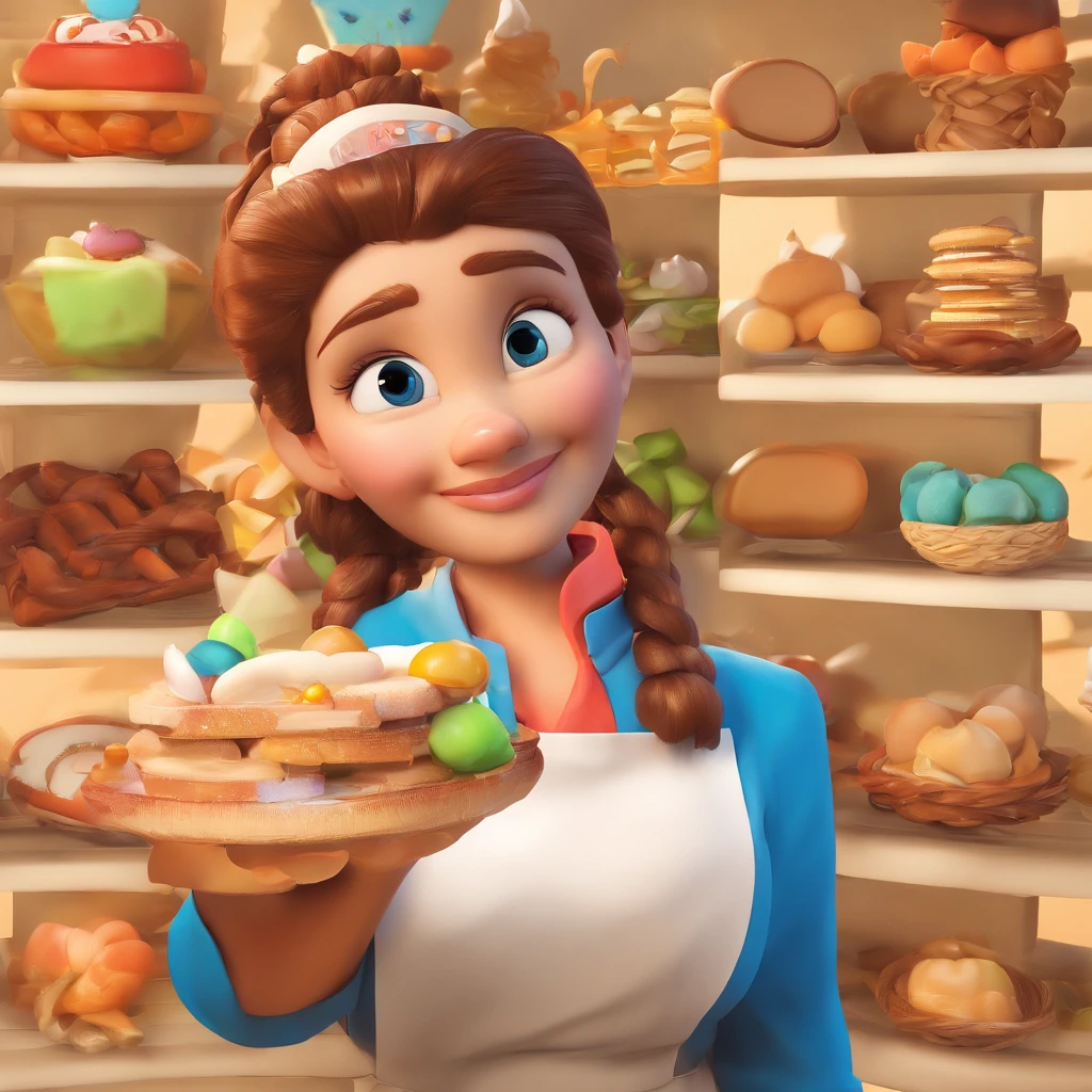 Crie um cartaz inspirado na Disney Pixar com o personagem sendo a Thayssa. Make a 25-year-old baker, cabelo preto, longo e liso, penteado partido no meio. olhos um pouco puxados e sombrancelha fina e levemente arqueada. Um lindo nariz em uma boca media e sorrindo. Make it with a pastry outfit holding an egg beater. Do it in a candy shop setting with the title Thayssa's Delights, melhor qualidade, maior qualidade.