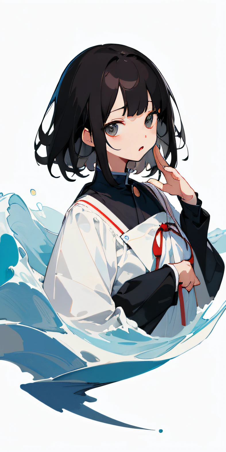 (masterpiece、top-quality)、 1 人、A dark-haired、quadratic element,White background、upper body、wave her hand、