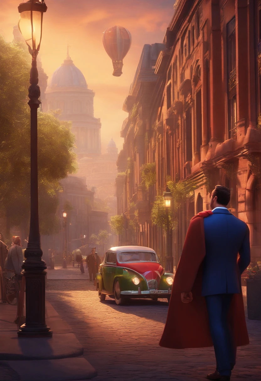 A city councilman looking at a dream project inspired by Pixar animation, de perto. The character takes center stage with captivating facial expressions, oferecendo um toque de irrealidade