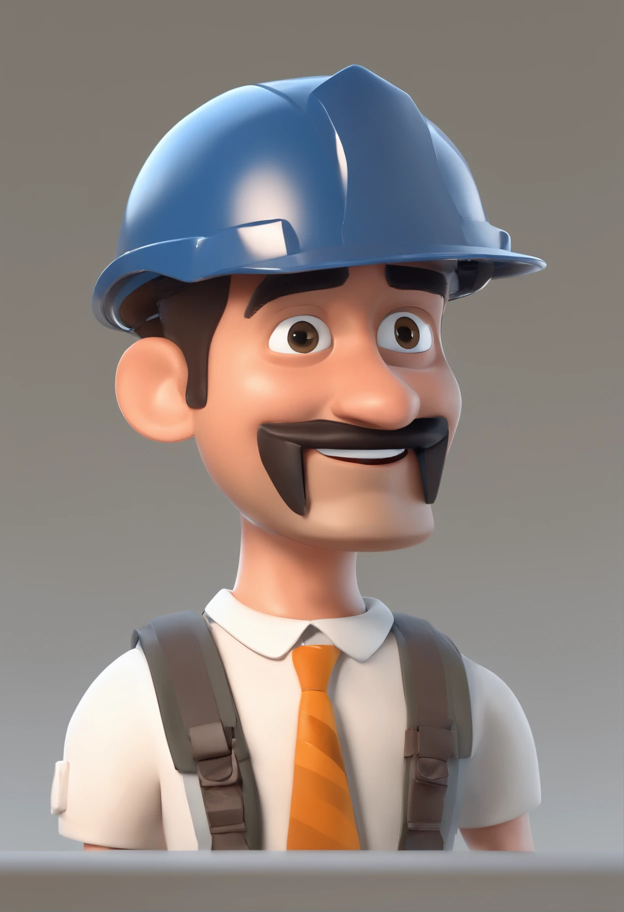 Estilo Pixar: Black-eyed man with construction helmet on head, 32 years old with short dark brown beard, sorrindo com camisa azul clara, em um canteiro de obra.