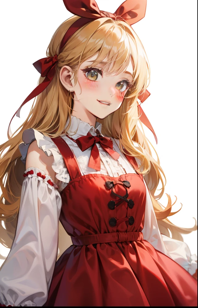 girl with、Background white、without background、ocher hair、The long-haired、with blush cheeks、Embarrassing、Red dress、Onepiece、frilld、bow ribbon、Smiling、kawaii、without background