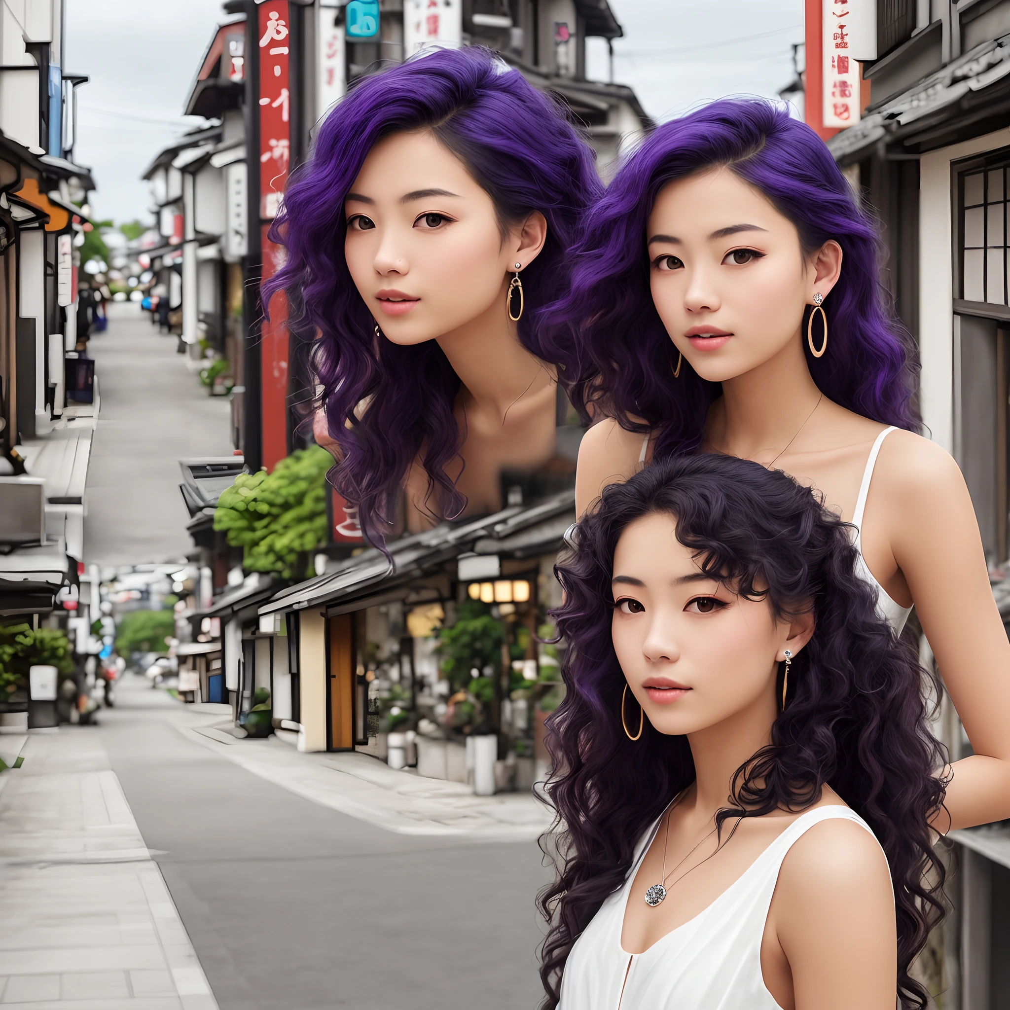 Images of one girl, A 17-year-old with a mixture of loveliness and sensuality. Her Athletic Frame, Soft skin, Eta、Tight spiral ringlet in shades of blue and purple Raven Black Shoulder Length Hair. Seductive hazel eyes, Wearing a plain white sundress. Art palette pendants and、Complete the look with sparkling diamond stud earrings, Small Japan Town/ City Background, hight resolution, ultrasharp, 8K, masutepiece, looking in camera