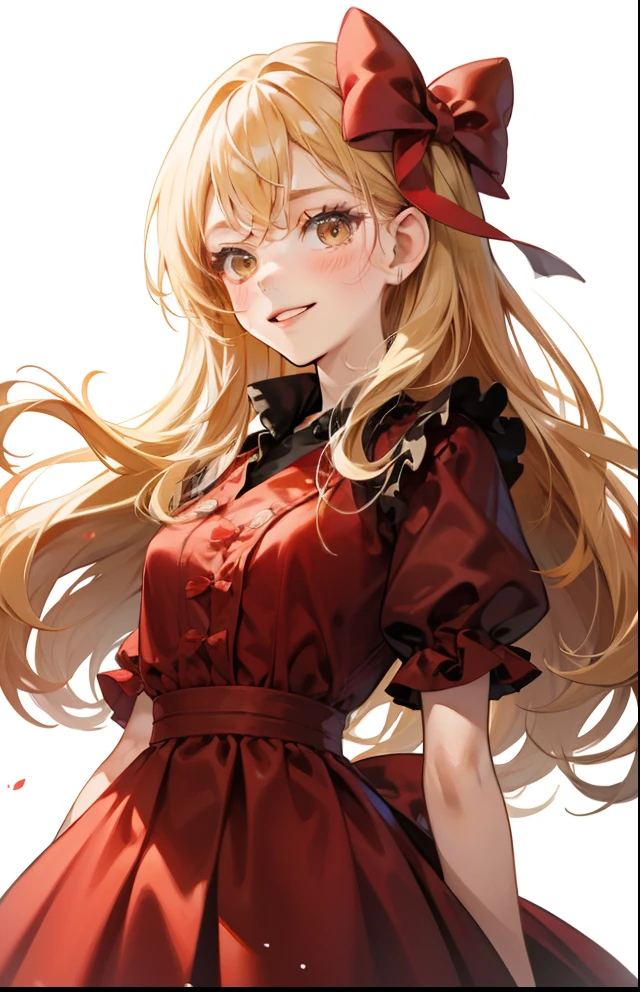 girl with、Background white、without background、ocher hair、The long-haired、with blush cheeks、Embarrassing、Red dress、Onepiece、frilld、bow ribbon、Smiling、kawaii、without background
