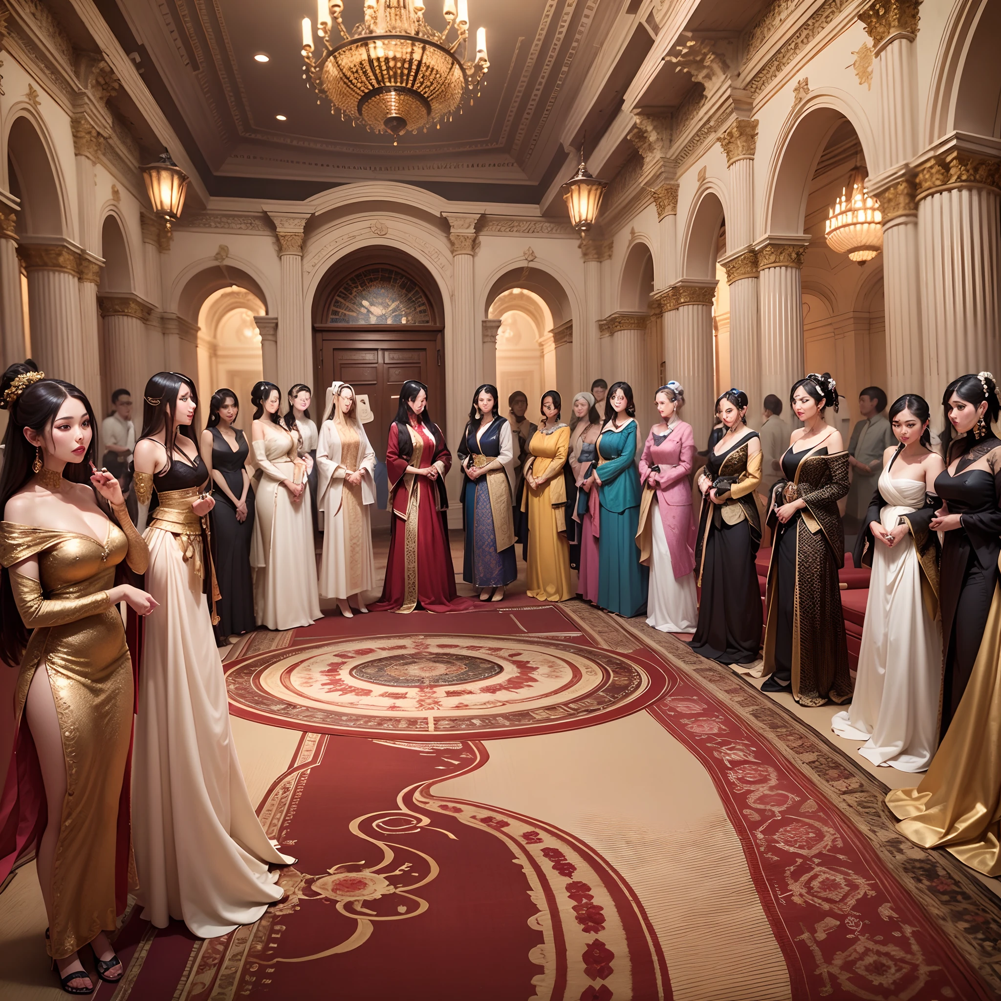 The Meeting Scene: The Intergalactic Beauty Hall  A grand and enchanting hall, decorated with elements representing various empires and cultures, such as Roman pillars, Chinese silks, Persian rugs, etc. Women from different empires sharing beauty secrets, exchanging makeup, and skincare tips. --auto --s2