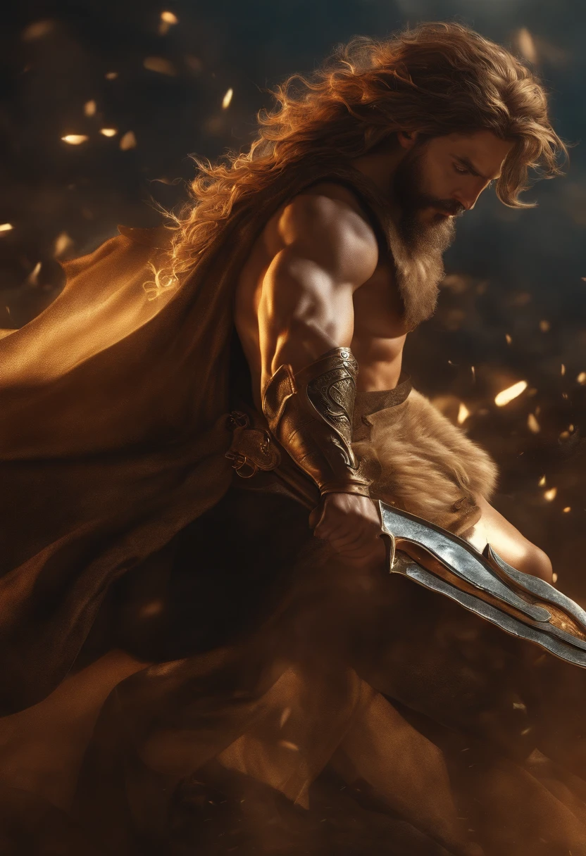 um close up de uma pessoa em armadura segurando uma espada, Complex armor patterns，Armadura Dourada，Fique no topo de uma alta montanha，Clouds in the sky surround the sun，(Professional 3D rendering:1.3) de (Realistic:1.3) The most beautiful artistic photo in the world，soft features, Brilliant male hero, ((Epic hero rough fantasy male muscle wet hero angry looking long hair, Short beard and fierce expression in dynamic pose, fantastic location, Ambiente majestoso e desordenado)), Full-body 8K drive rendering, action shot, poros da pele, very dark lighting, sombreamento pesado, um detalhado, Detalhe Face, (vibrancy, Realistic photogrdeia, Realistic, Dramatic, Escura, foco nítido, 8k), (Roupas de couro velhas danificadas devido ao mau tempo:1.4), ((((Use skins)))), (intricada:1.4), decadente, (altamente detalhado:1.4), pintura digital, rendering by octane, art stations, Conceito-Arte, liso, foco nítido, illustration, Do germe da arte, (Loish:0.23), Wlop Ilya Kuvshinov, e greg rutkowski e alphonse mucha gracias, (global ilumination, studiolight, volume de luz), chuva muito forte, floating particles, patife, genial, we, Corpo inteiroesbiano, ((Fundo escuro e antigo da cidade:1.3)),CGSesocieda,art stations