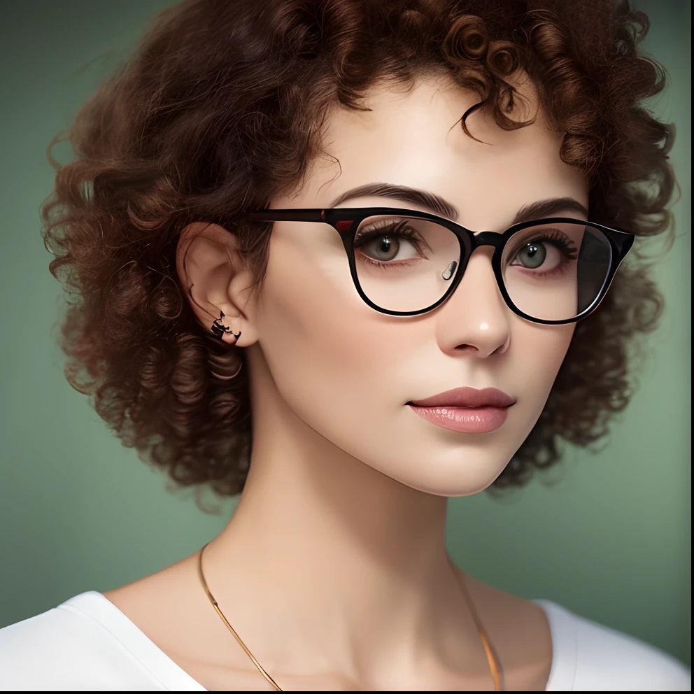 White woman with curly hair with prescription glasses with red frame. Homen moreno cobelo raspado e de barba um pouco acima do peso.