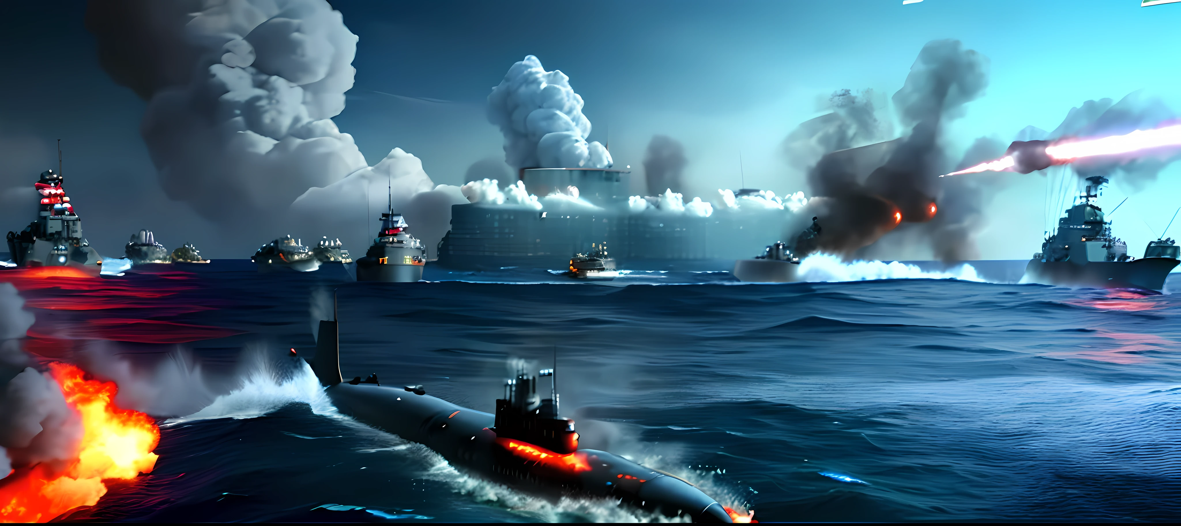 there is a submarine in the water with a lot of smoke coming out of it, attacked submarine in background, missile explosions, in game graphic, ingame shot, screenshot from game, warships, epic naval battle, oceanic naval battles, ingame, naval warfare, cg art, screenshot from the game, naval battles, 8k!!, gameplay still
