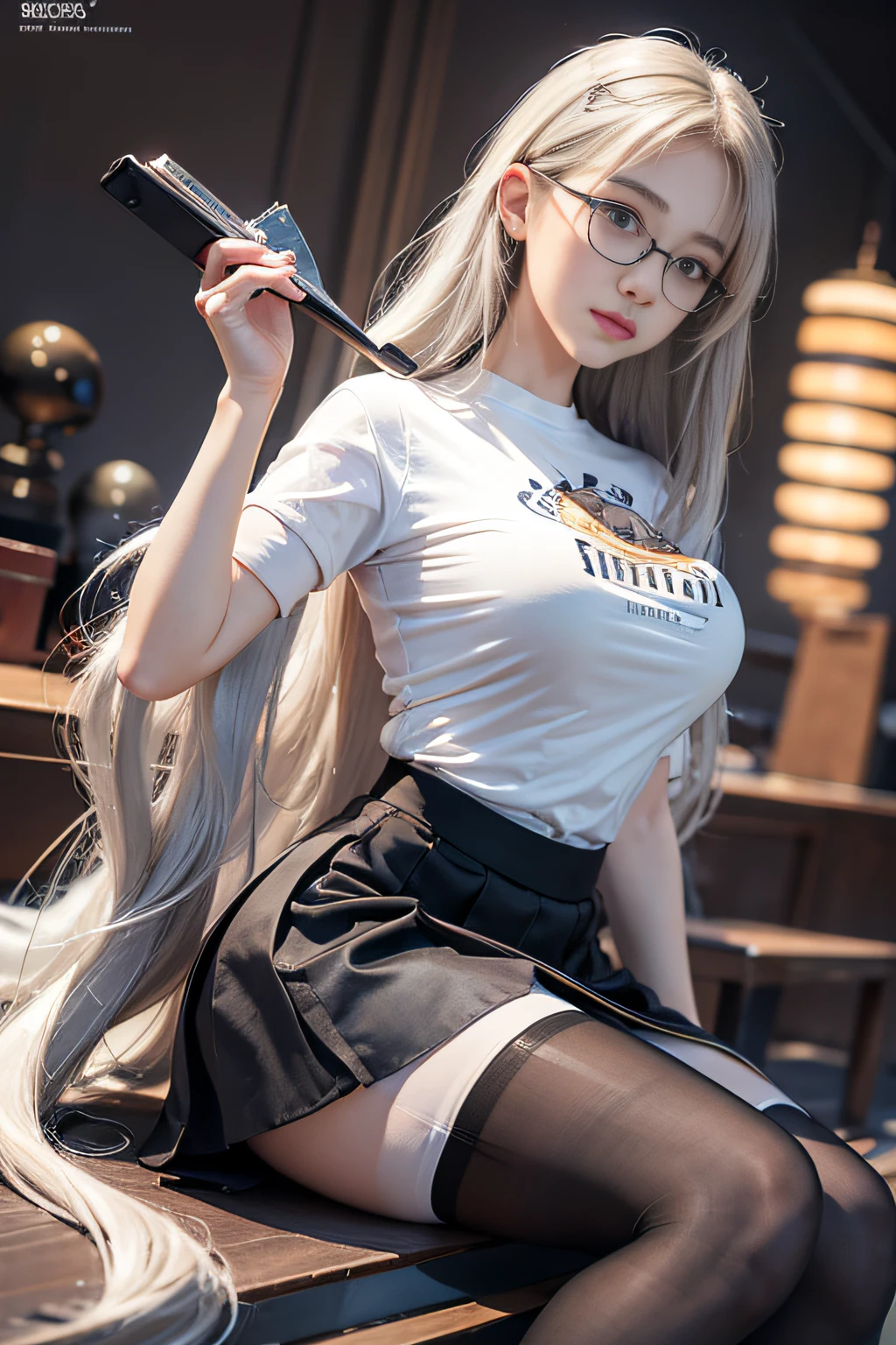 ulzzang -6500-v1.1,(Raw photo:1.2), (Photorealistic:1.4), Beautiful detailed girl, Very detailed eyes and face, Beautiful detailed eyes, Ridiculous, Incredibly ridiculous, Huge file size, super detailed, High resolution, Very detailed, Best Quality, masutepiece, ((T-shirt)), Illustration, Very detailed, nffsw, unified, 8K Wallpaper, amazing, Fine details, masutepiece, Best Quality, Highly detailed ticker unification 8k wallpaper, Face Light, Movie Lighting, 1girl in, , long white hair, side split, (Big breasts), ()), (with glasses), (Dynamic Pose), (Sexy Pose), ((Camel toe))), (half), ((pantyhose)), ((Black hip skirt)), (Bent knees)))))