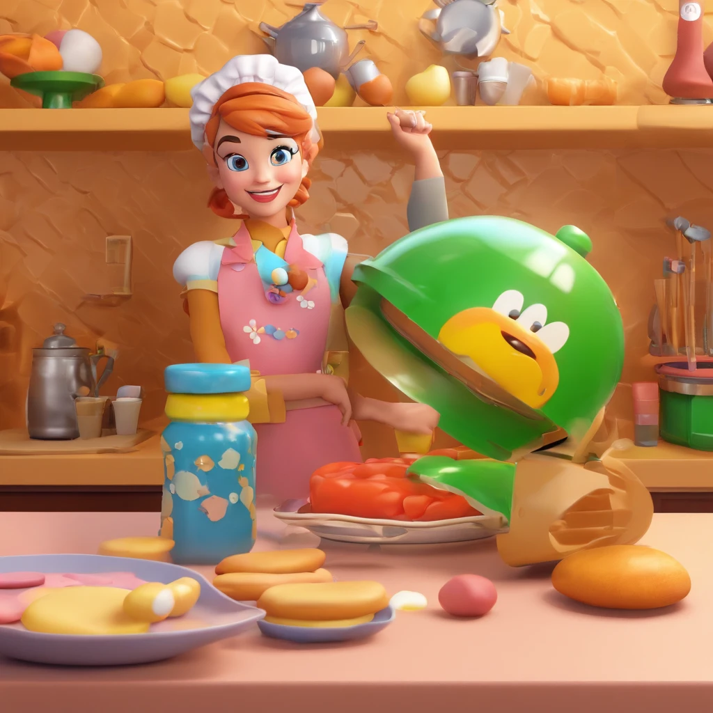 Crie um cartaz inspirado na Disney Pixar com o personagem sendo a Thayssa. Make a 25-year-old baker, cabelo preto, longo e liso, penteado partido no meio. olhos um pouco puxados e sombrancelha fina e levemente arqueada. Um lindo nariz em uma boca media e sorrindo. Make it with a pastry outfit holding an egg beater. Do it in a candy shop setting with the title Thayssa's Delights, melhor qualidade, maior qualidade.
