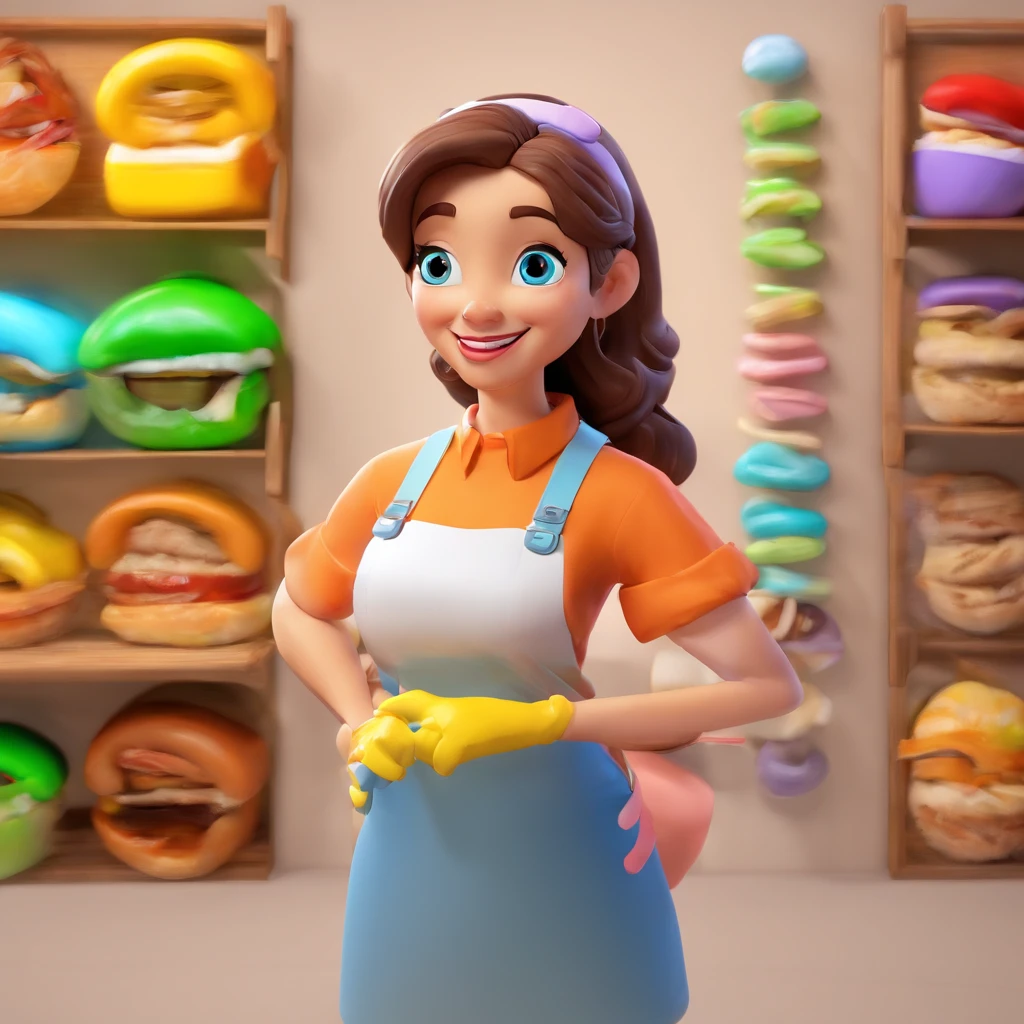 Crie um cartaz inspirado na Disney Pixar com o personagem sendo a Thayssa. Make a 25-year-old baker, cabelo preto, longo e liso, penteado partido no meio. olhos um pouco puxados e sombrancelha fina e levemente arqueada. Um lindo nariz em uma boca media e sorrindo. Make it with a pastry outfit holding an egg beater. Do it in a candy shop setting with the title Thayssa's Delights, melhor qualidade, maior qualidade.