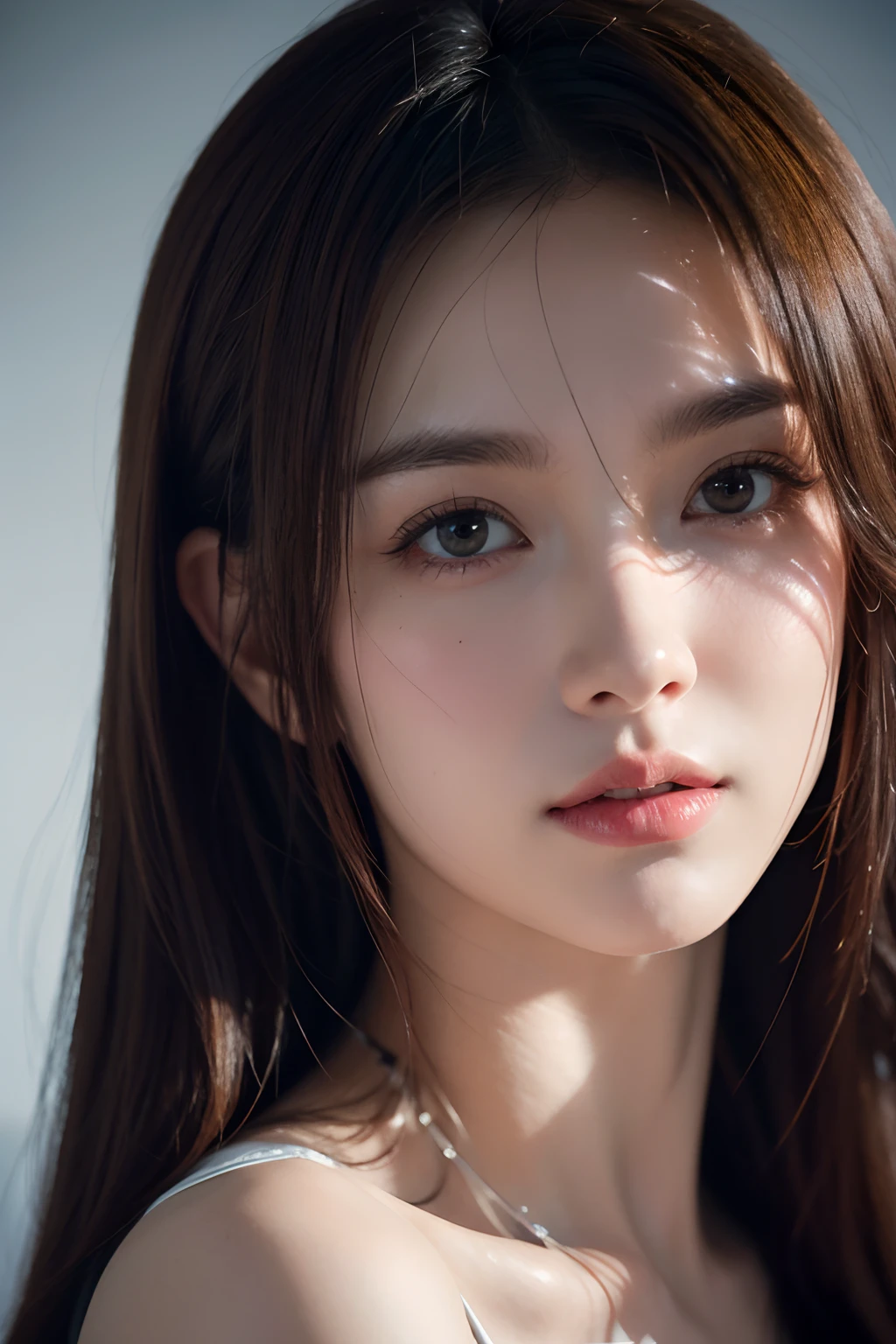 Best quality, Realistic, Photorealistic, extremely detaile, An extremely delicate and beautiful, RAW photo, 4K,8K,Professional lighting, Dynamic lighting, light in face, Depth of field, solofocus, full bodyesbian, Japanese and Korean beauties,South Korean beauties,A 20-year-old female, Brown hair, Brown eyes, Smaller head, Fashion girl, Beautiful eyes, Large breasts,Real face, Real skin, Realistic face, Realistic skin, Detailed eyes, Detailed facial features, detailed clothes features, (fashionable attire:1.3), (fashion hair: 1.3) dynamicposes,Detailed face and breasts, (PureErosFace),
