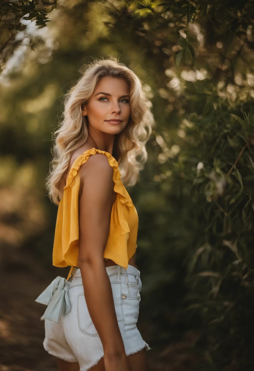quatro mulheres juntas, A medium blond haired lady in a light half-sleeved t-shirt, uma mocinha de cabelos presos em rabo de cavalo usando aprelhos nos dentes, uma menininha de quatro anos de cabelos castanhos encaracoladas de vestido fazendo um sinal de v com as mas ao lado da tia uma senhora com cabelos presos em rabo de cavalo, Yellow dress showing bikini tie around the neck. They're close, The smallest girl leaning against grandma, todas de pele clara. are near a wall of green foliage and the brightness of a sunny day