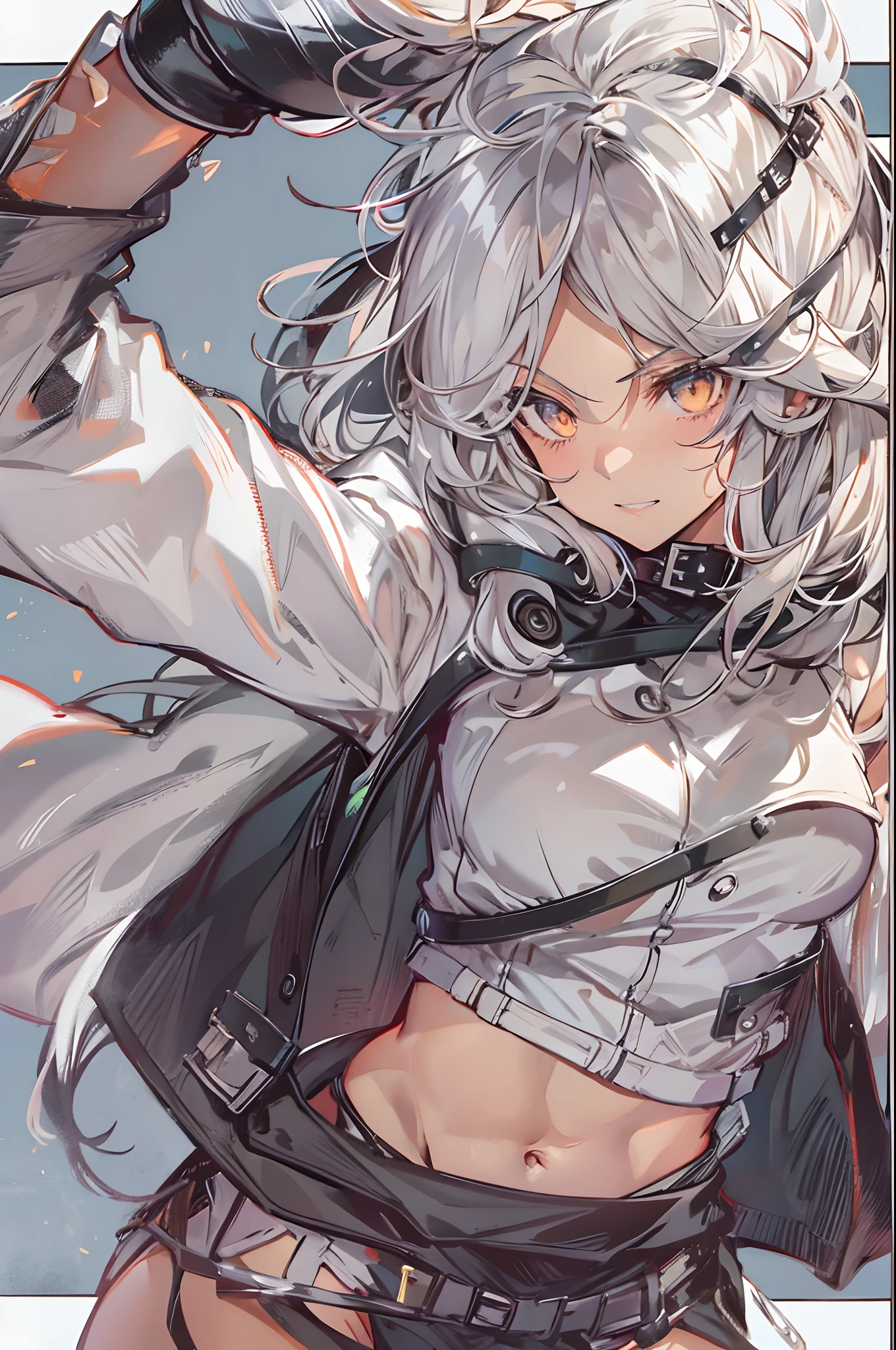 1girl, {solo}, upper body ,{{ {looking at viewer}}}, arm at side, concept art, white background, simple background, white hair, silver gradiient hair , complex cloth, asymmetrical clothes, virtual youtuber, best quality, masterpiece, dynamic angle, guilty gear, guilty gear, guilty gear, cowboy_shot, looking_back, grabbing, girl,woman,female, young,20 years old, very long hair, flipped hair, silver hair, flowing hair, ahoge, smirk, beautiful and delicate golden eyes, teeth, medium_breasts, blonde eyes, white skin, coat, hoodie, black_shorts, grey Clothes, transparent_background, backlighting, absurdres, highres, ultra detailed,