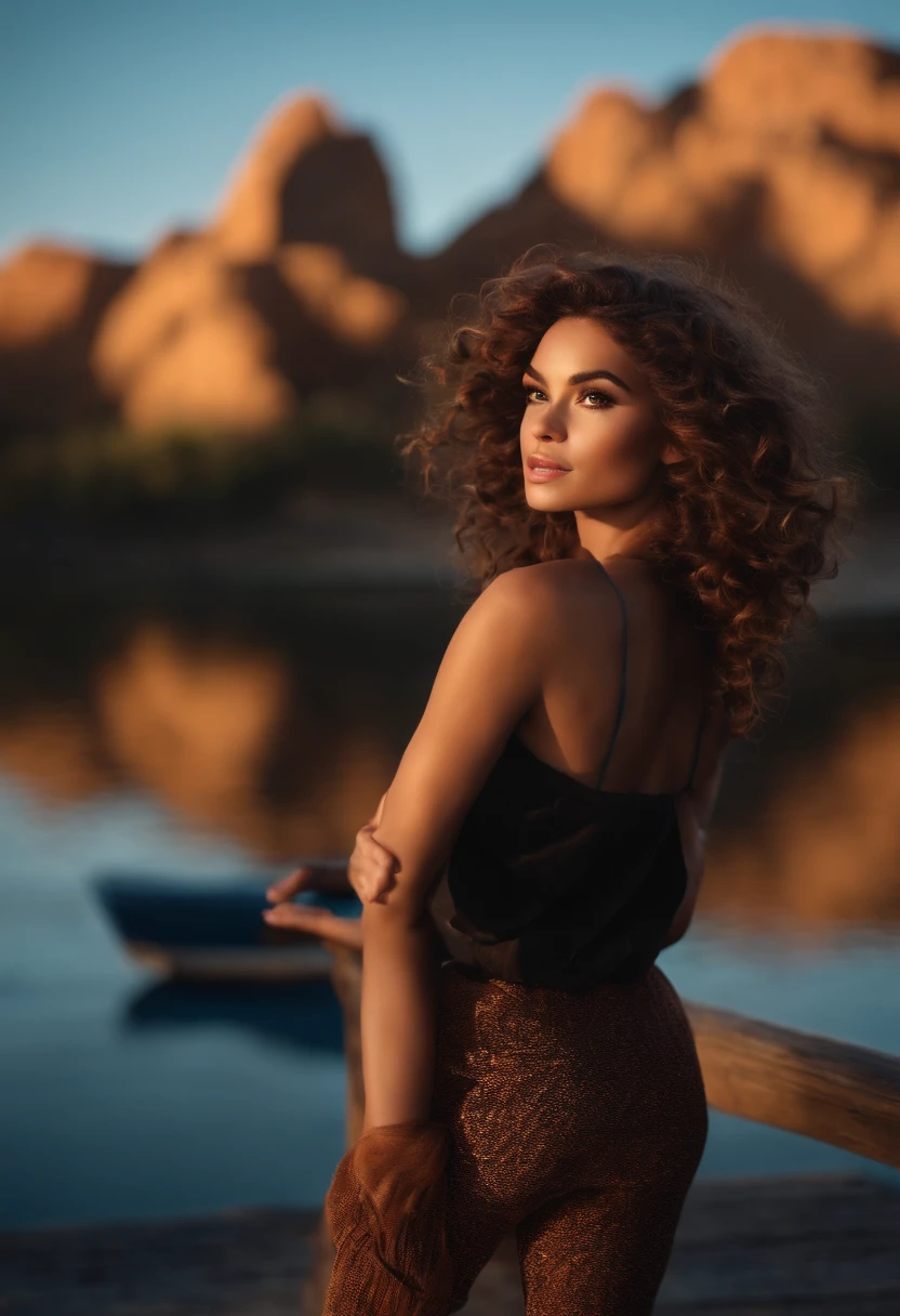 Imagem estilo Pixar com 3D personagem mulher cabelo longo cacheado e volumosos preto. Dancing, Maquiagem Disney,Pescador, bonitinho, sorridente ,Close-up, Pixar, Disney, Cinema lighting, vestindo um terno azul