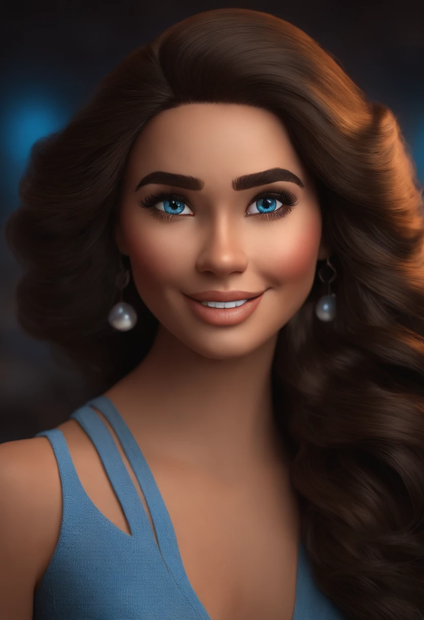 Imagem estilo Pixar com 3D personagem mulher cabelo longo cacheado e volumosos preto. Dancing, Maquiagem Disney,Pescador, bonitinho, sorridente ,Close-up, Pixar, Disney, Cinema lighting, vestindo um terno azul
