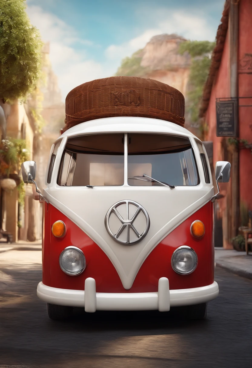 Desenho em estilo 3D da Pixar de uma kombi vermelha e branco, beer trunk, com chopeiras na lateral da kombi