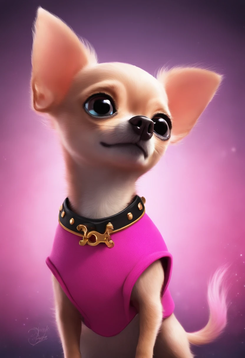 Create a poster inspired by Disney Pixar movies, including a black and tiny chihuahua with a pink collar. The poster is titled 'BRI”.Digital art should be in the Pixar style, reminiscent of an animated feature. The background should be pink.
