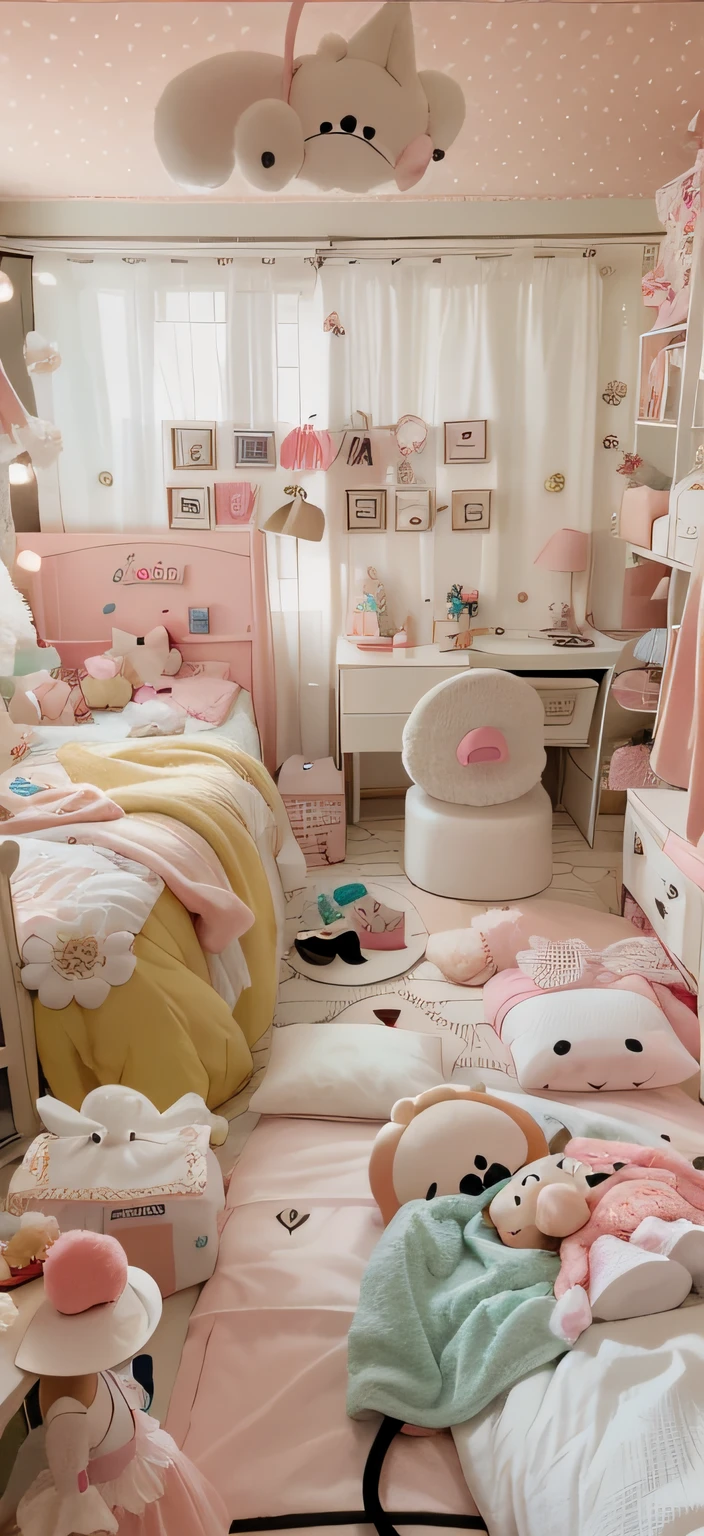 There was a room,There are a lot of stuffed animals on the floor, Beautiful kawaii lighting, cute room, Girl's room, kawaii aesthetic, girly bedroom, Gummies, with soft pink colors, inside a 's bedroom, adorable and whimsical, kawaii hq render, playful and cheerful, Whimsical and cute, very magical and dreamy, Kawaii style, cream - colored room