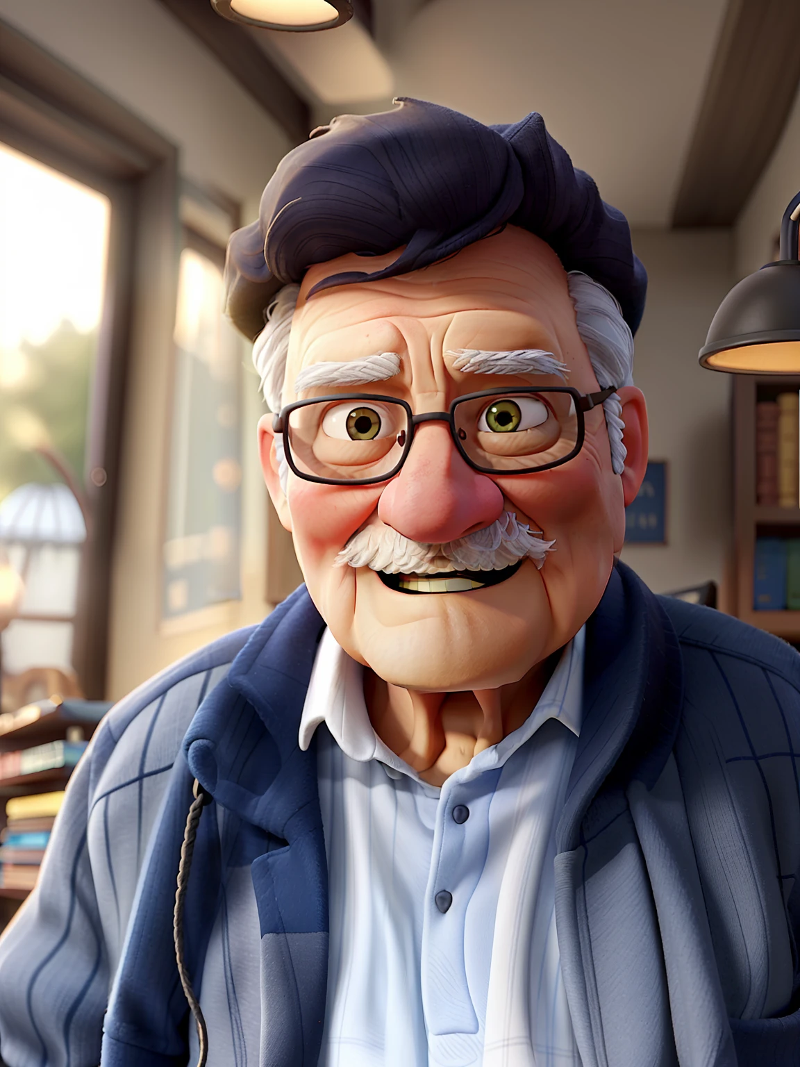 A wise old man standing in front, illuminated by the light of a lamp, against the backdrop of a library