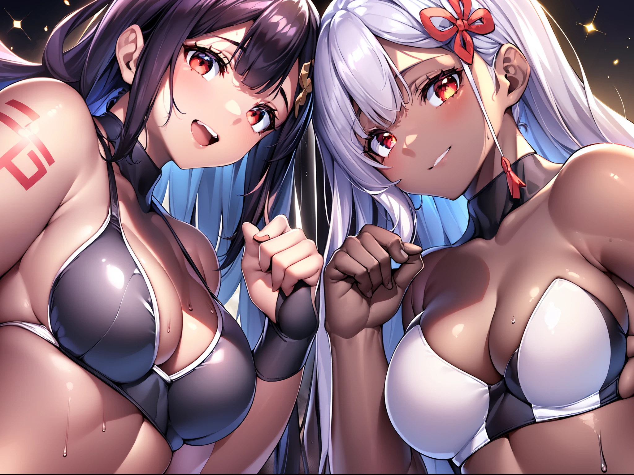 Outrageous resolution、masutepiece++,top-quality++,ultra-defined++, ultra-defined++,4K++,8K++,(Background Focus)++, Watching from behind、Back view、close-up、Highly detailed, Viewer's Perspective、（（bar））++、((Brown-skinned girl))++, ((Twin girls)), ((((White School Swimsuit and White Swimsuit)))++++,(((Black skin)))+++,(((hair adornments)))++++,((White School Swimsuit and White Swimsuit))++,((Sexy tattoos)) ++,((Brown-skinned))++,(Floral hair ornament) +,（Sharp eyes）、(white  hair),（Red eyes）、（The long-haired）、（Straight hair）、（small tits）、(Super shiny hair and skin), (Sunlight),((Beautiful)), Sweaty body,Dynamism, A lively smile, Perfect eyes, Perfect hands, Perfect nose, Magic Battle Dark, Bright atmosphere, (wet effect) +, (light effect), (Cinematic Light) + , (Like a movie of light) +