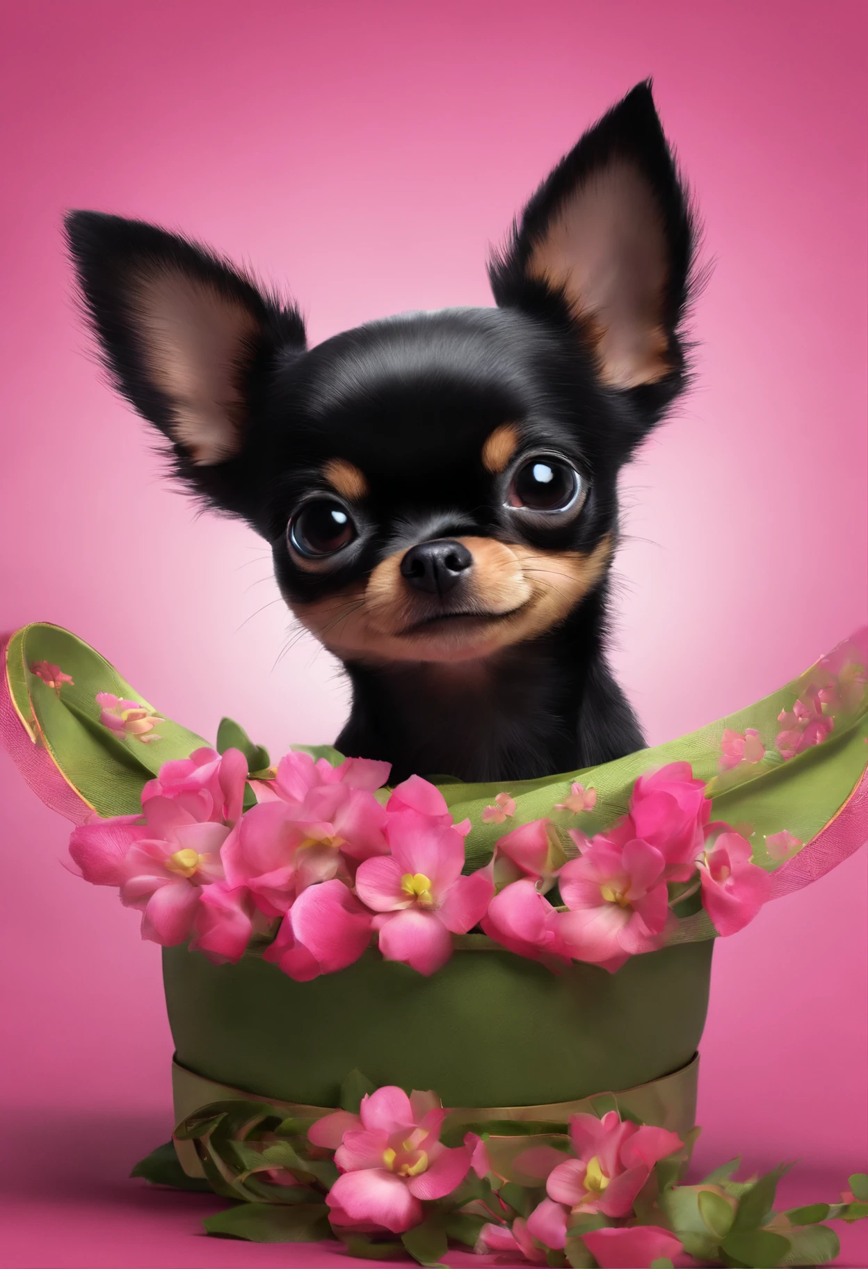 Create a poster inspired by Disney Pixar movies, including a black and tiny chihuahua with a pink collar. The poster is titled 'BRI”.Digital art should be in the Pixar style, reminiscent of an animated feature. The background should be pink.