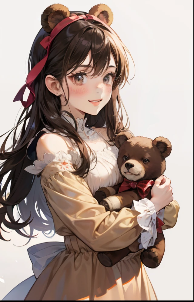 girl with、Background white、without background、A dark-haired、The long-haired、with blush cheeks、Embarrassing、Brown dress、Onepiece、Have a stuffed brown bear、Stuffed bear、frilld、bow ribbon、Smiling、kawaii、without background