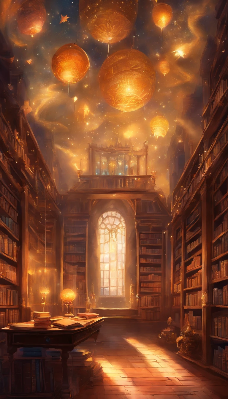 Large library Books all over the wall The ceiling is glazed Moonlight enters Piles of books and lanterns on the desk Hanging stars