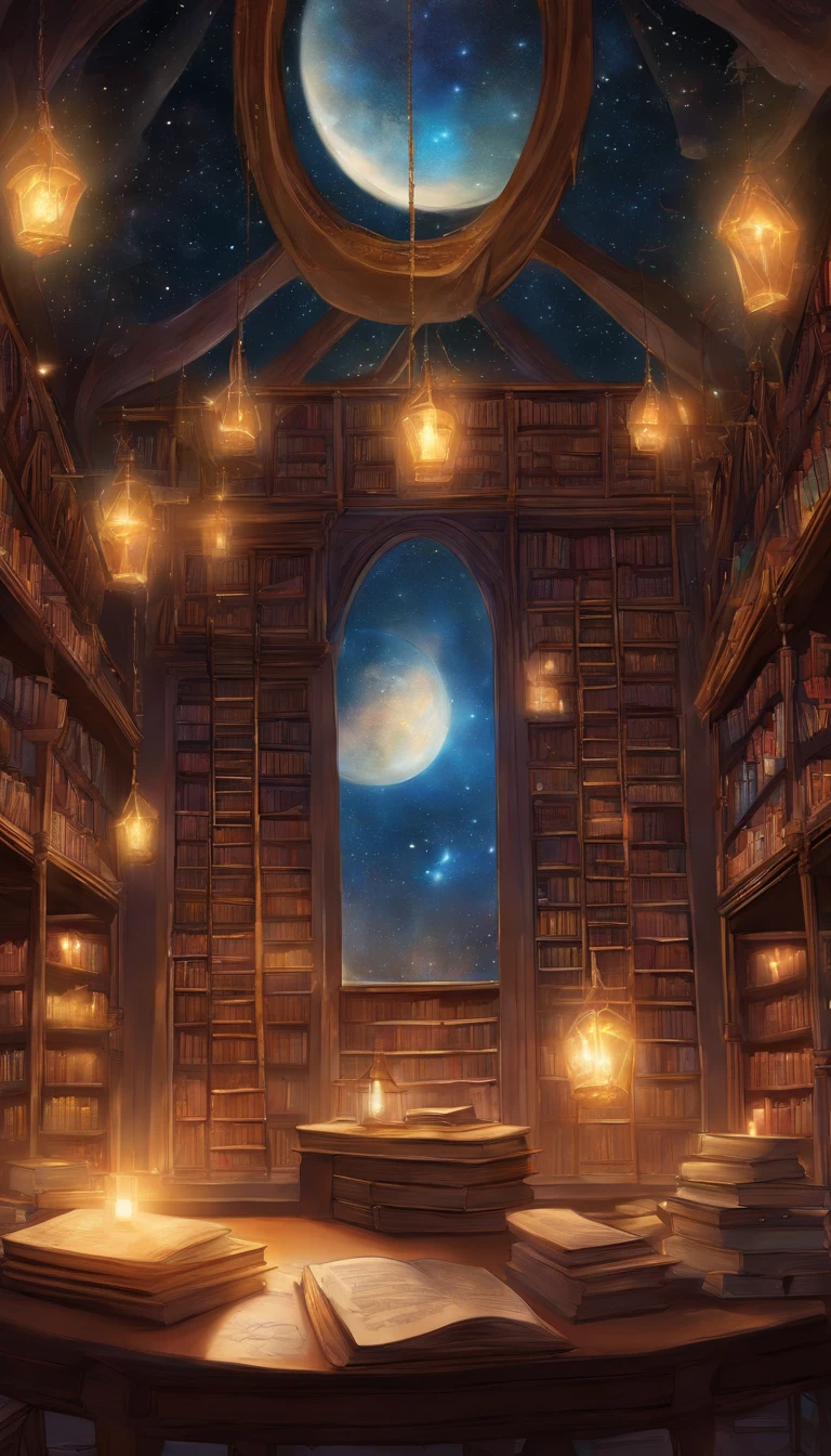 Large library Books all over the wall The ceiling is glazed Moonlight enters Piles of books and lanterns on the desk Hanging stars