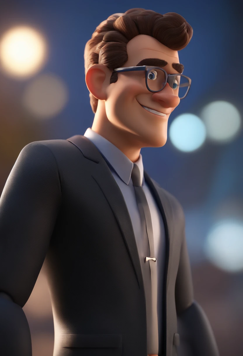 Cartoon character of a man wearing black glasses and a blue shirt, um personagem animado, Caractere estilizado, animation style rendering, 3D estilizado, Arnold Maya render, 3 d render stylized, toon render keyshot, Personagem 3D, Personagem 3D, 3d rendering stylized, 3 d character render, personagem de desenho animado, Personagem de close up, Pose de personagem, (Estilo Pixar) (master part:1.2) (Bokeh) (best quality) (pele detalhada) (textura detalhada) (8k) (argila) (Cinematic lighting) (foco nítido,Senta e vaza a parte superior do corpo